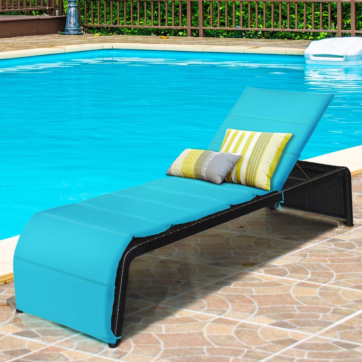 Tangkula Outdoor Chaise Lounge Chair, 5-Position Adjustable Rattan Recliner Chair w/Cushioned Seating and Adjustable Feet