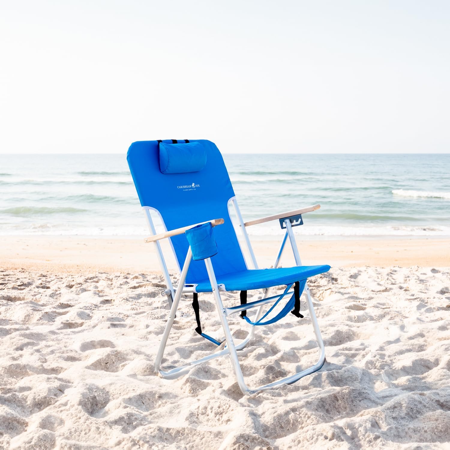 CARIBBEAN JOE Folding Beach Chair, 4 Position Portable Backpack Foldable Camping Chair with Headrest, Cup Holder, and Wooden Armrests