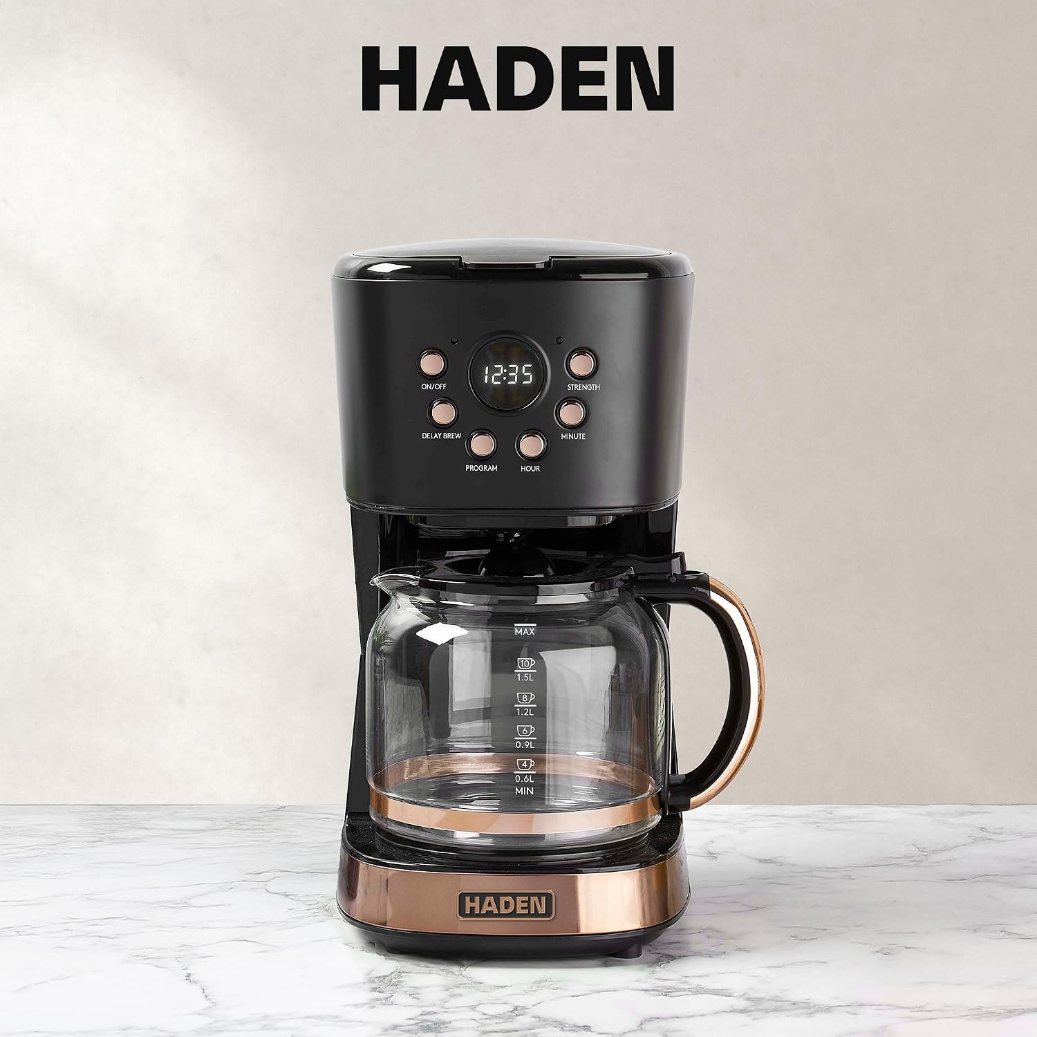 HADEN 12-Cup Programmable Coffee Maker for Home or Office, Putty & Chrome – Drip Brewer Machine with Brew Strength, Delay Brewing