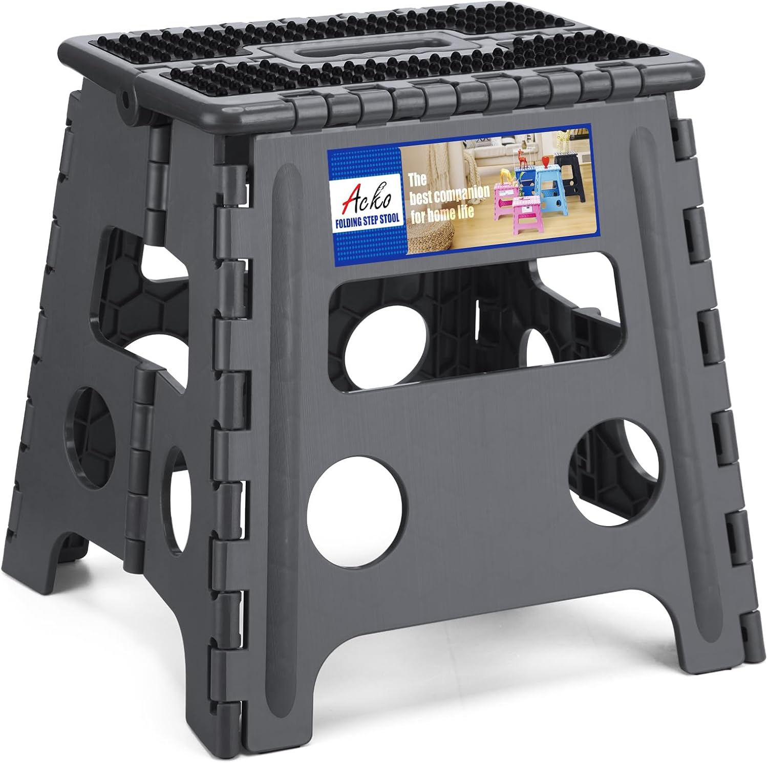 ACKO 13 Inch Folding Step Stool, Holds 300 lb for Adults and Kids, Black | Collapsible Heavy Duty Foldable Stools, Portable Non-Slip Foot Stepping stool, Kitchen Bathroom Bedroom Outdoor with Handle