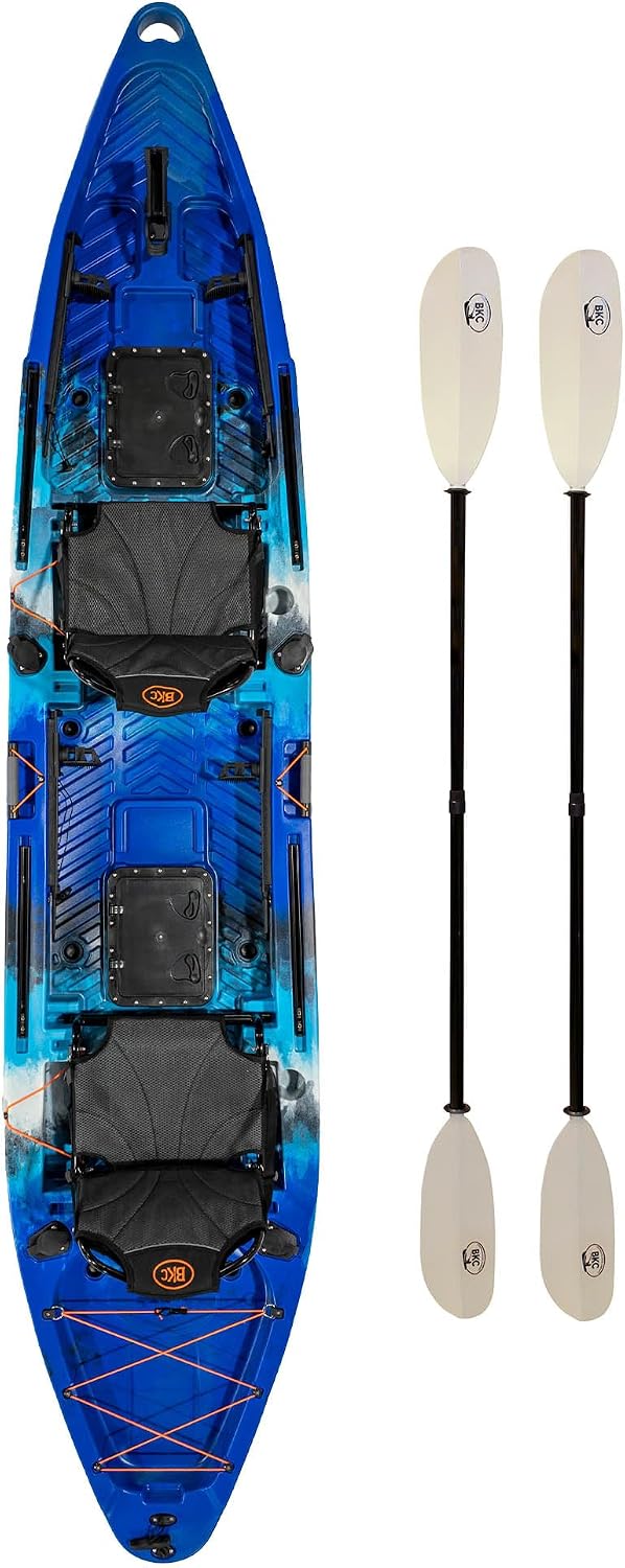 BKC Brooklyn 13.0 Pro Tandem Fishing Kayak, 2 to 3 Person | 800 lb capacity, adjustable frame seats, large dry storage, rod holders, stable wide hull, tandem or solo paddling