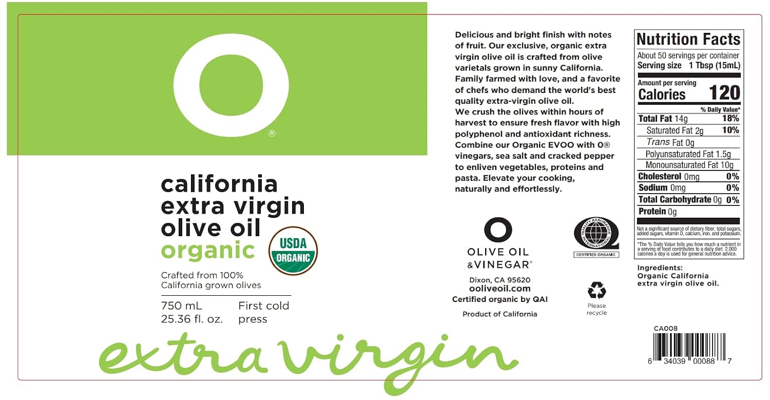 O Olive California Organic Extra Virgin Olive Oil Glass Bottle 8.5 Fl Oz