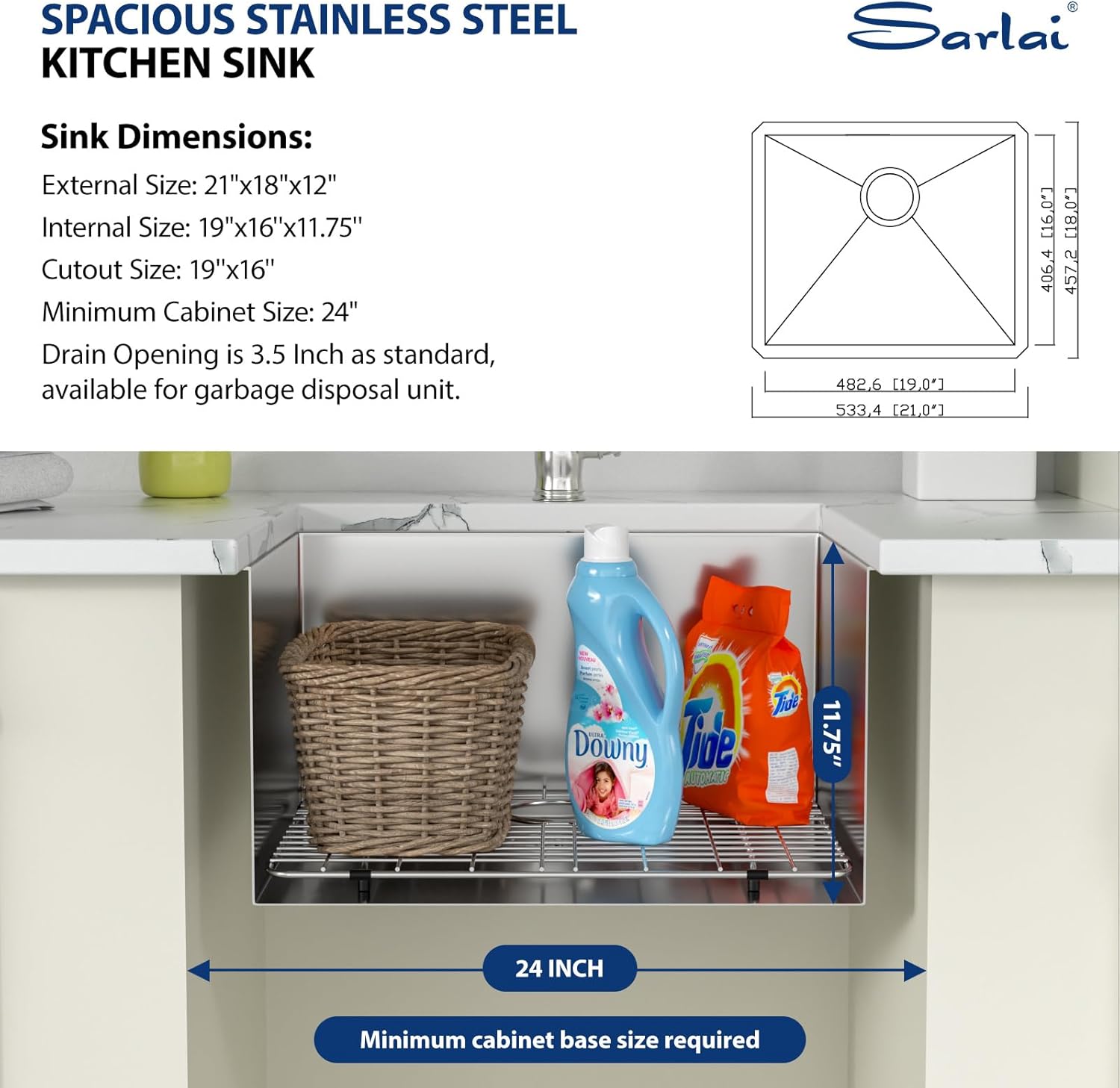 Sarlai 21 Inch Undermount Laundry Sink 21x18x12 Inch Undermount Laundry Utility Sink Deep Single Bowl 16 Gauge Stainless Steel Laundry Tub Sinks
