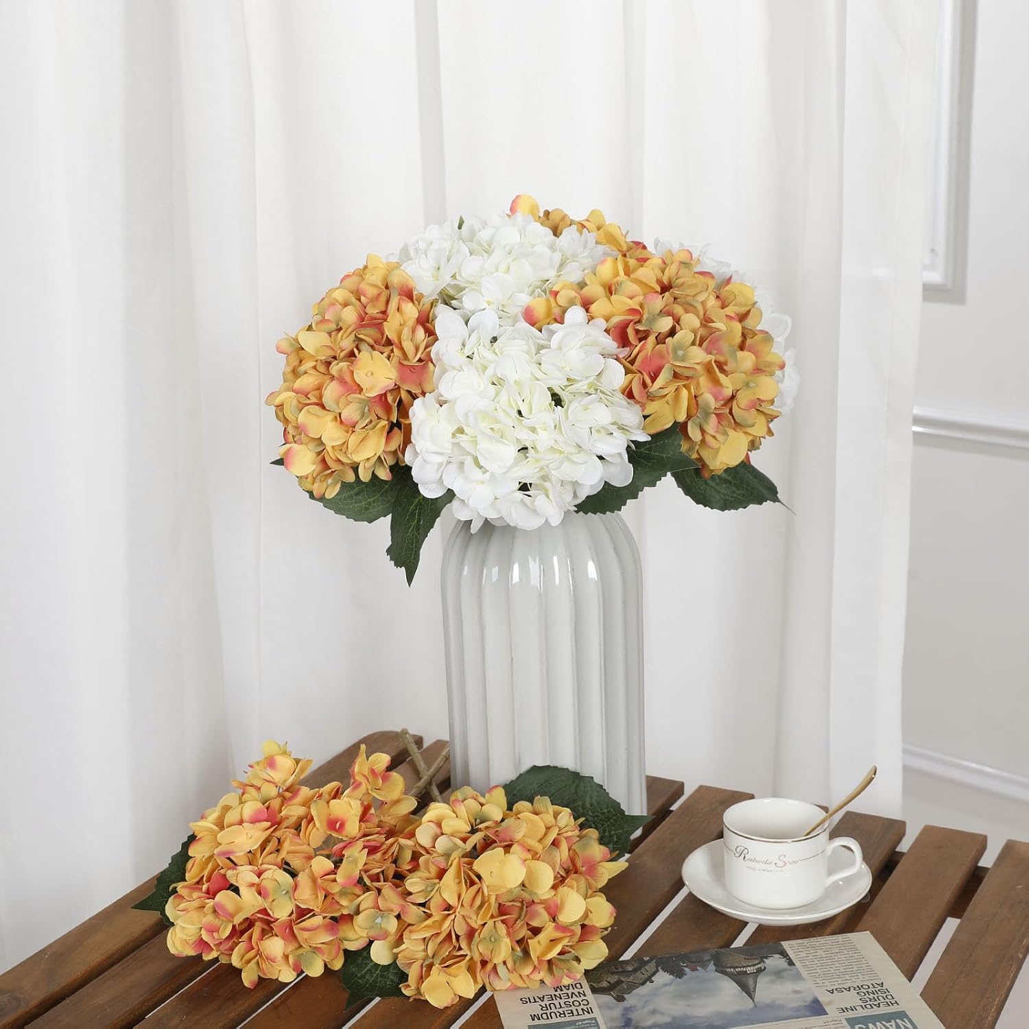 Kisflower 6pcs White Hydrangea Artificial Flowers - Faux Hydrangea Flowers, Fake Silk Flowers for Table Centerpiece