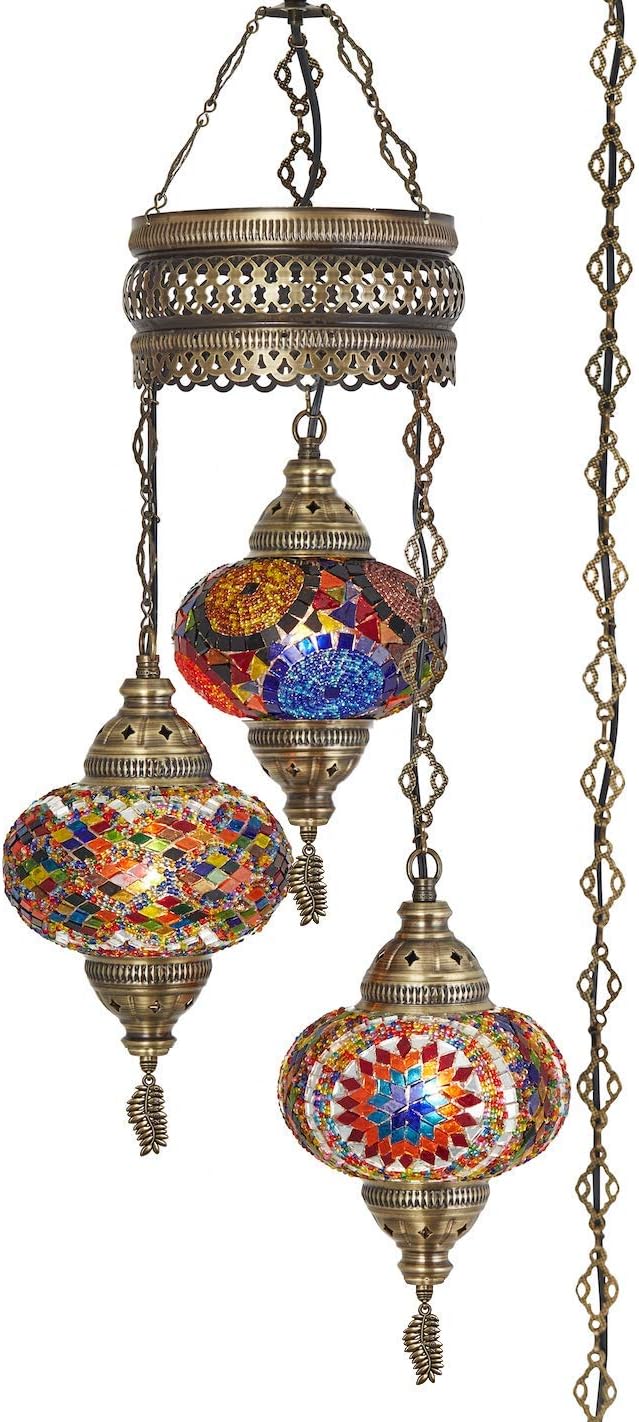 DEMMEX 3-Large 7'' Globes Turkish Moroccan Mosaic Plug-in Chandelier - Handmade Pendant Light Fixture with 15-ft Cord & Chain