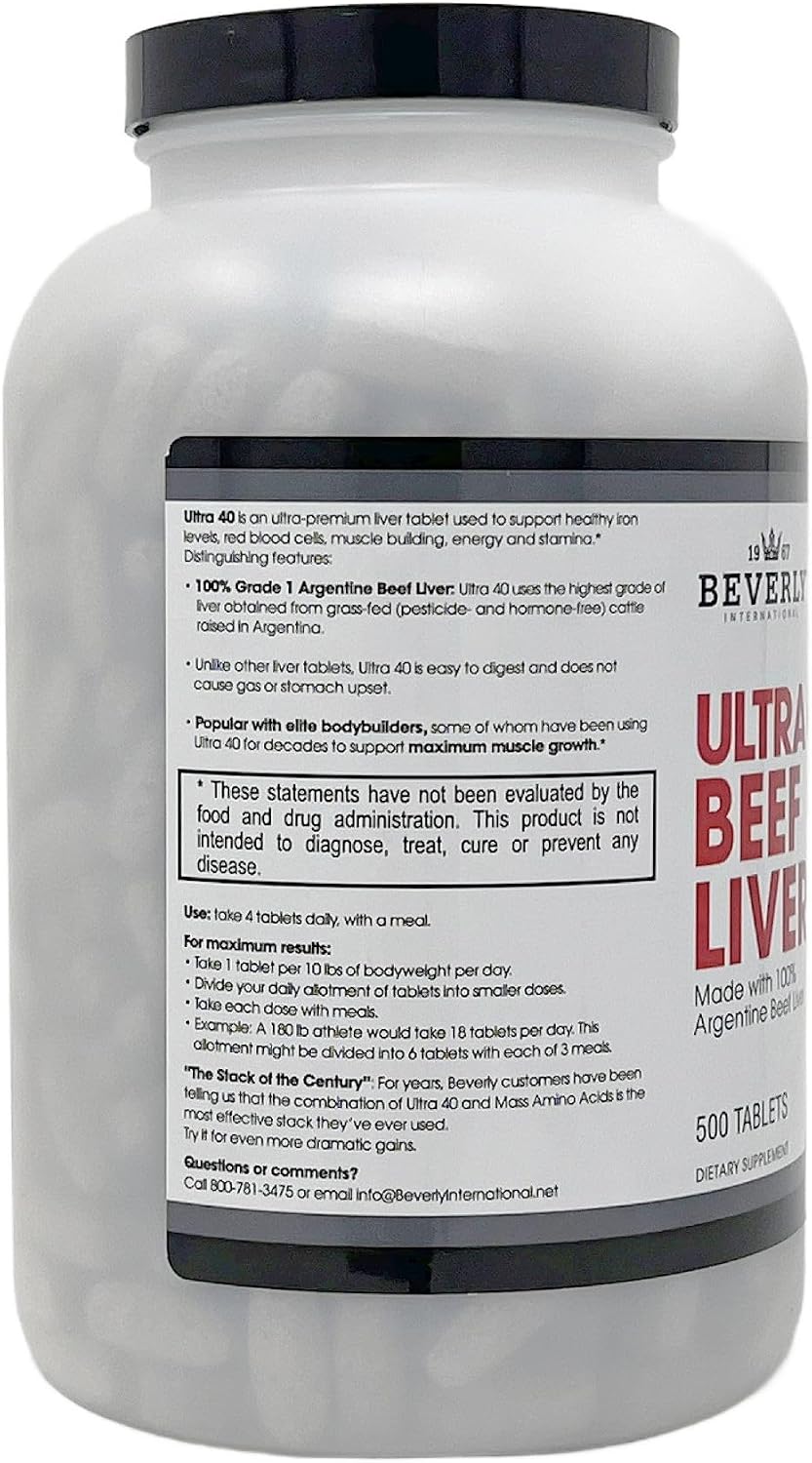 Beverly International Ultra 40 Grass Fed Desiccated Beef Liver, 500 Tabs | 100% Argentine Beef Liver, Golden-Era Secret for Boosting Muscle Growth, Stamina & Performance