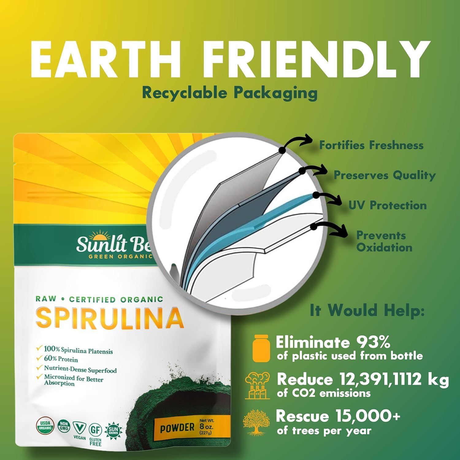 Sunlit Best Organic Spirulina Tablets, Pure Natural Superfood Pills 1000 CT | USDA Certified, 60% Vegan Protein, 18 Amino Acids, Chlorophyll Antioxidants Enzymes, Non GMO, Immune Liver & Energy Support
