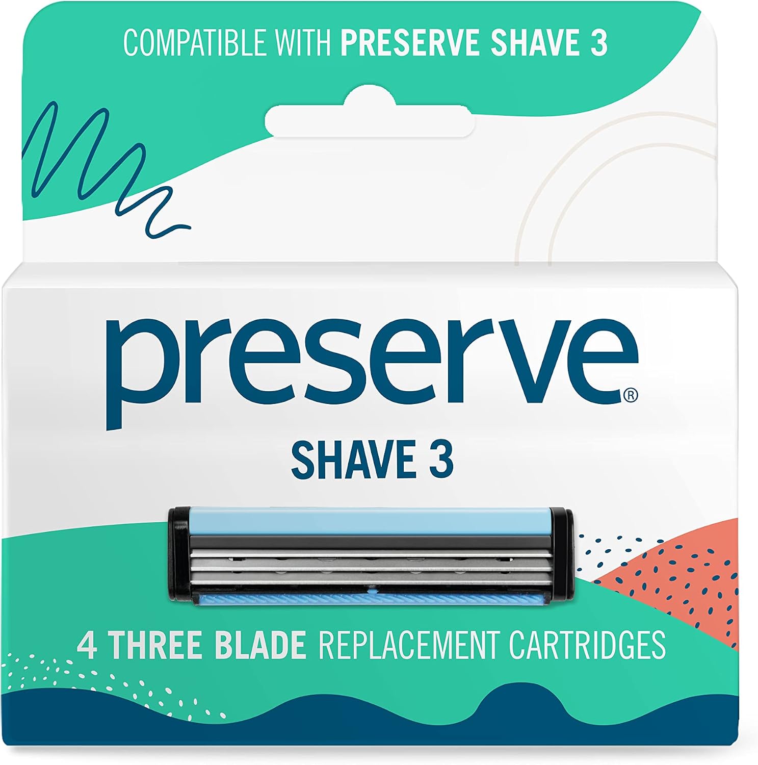 Preserve Shave 3 Razor Blade Refills, Titanium-Coated, Vitamin E, Aloe, 4ct | Unisex Refills for Face & Body; Fits Shave 3 & Triple Razor Handles; Eco-Friendly Paperboard; Cruelty-Free