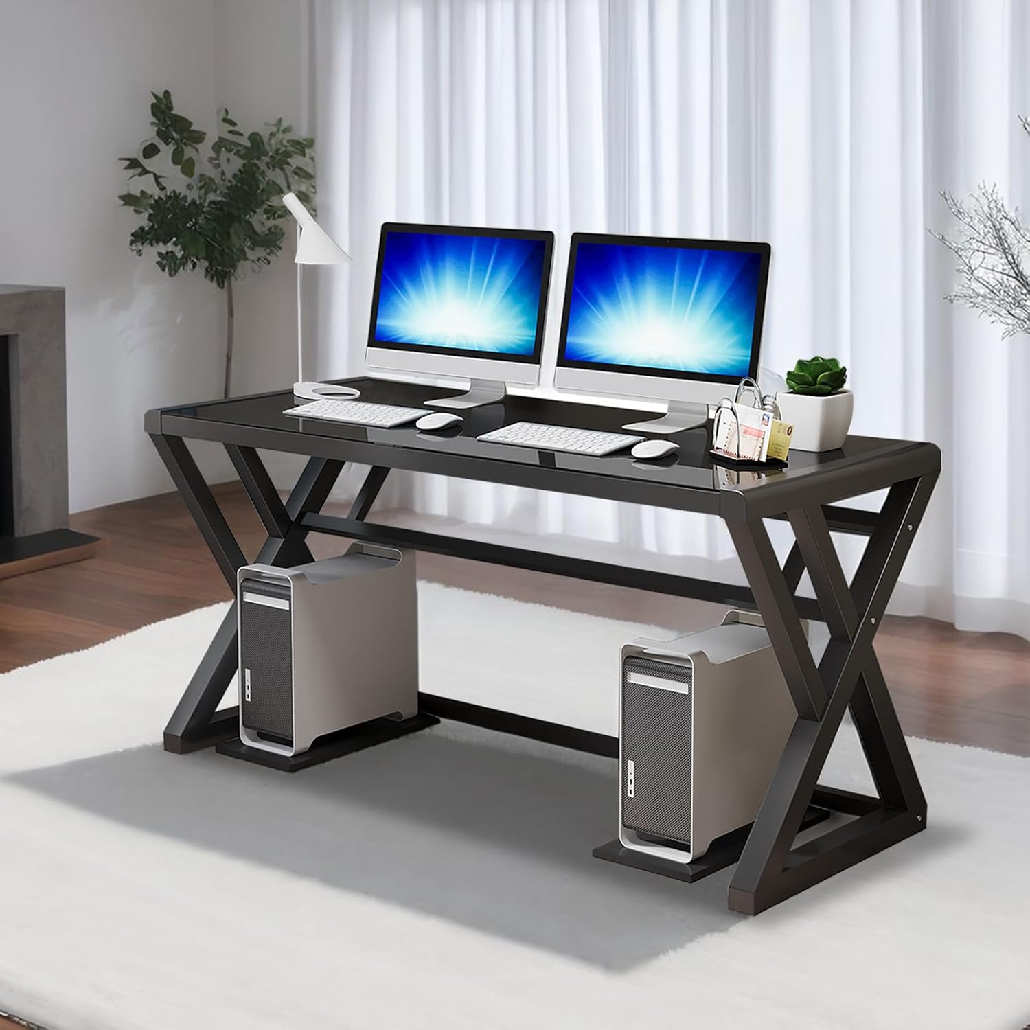 BINGTOO Glass Top Computer Desk with Metal Frame - Modern Simple Workstation for Home Office, Gaming, Writing, Study & Work, Black