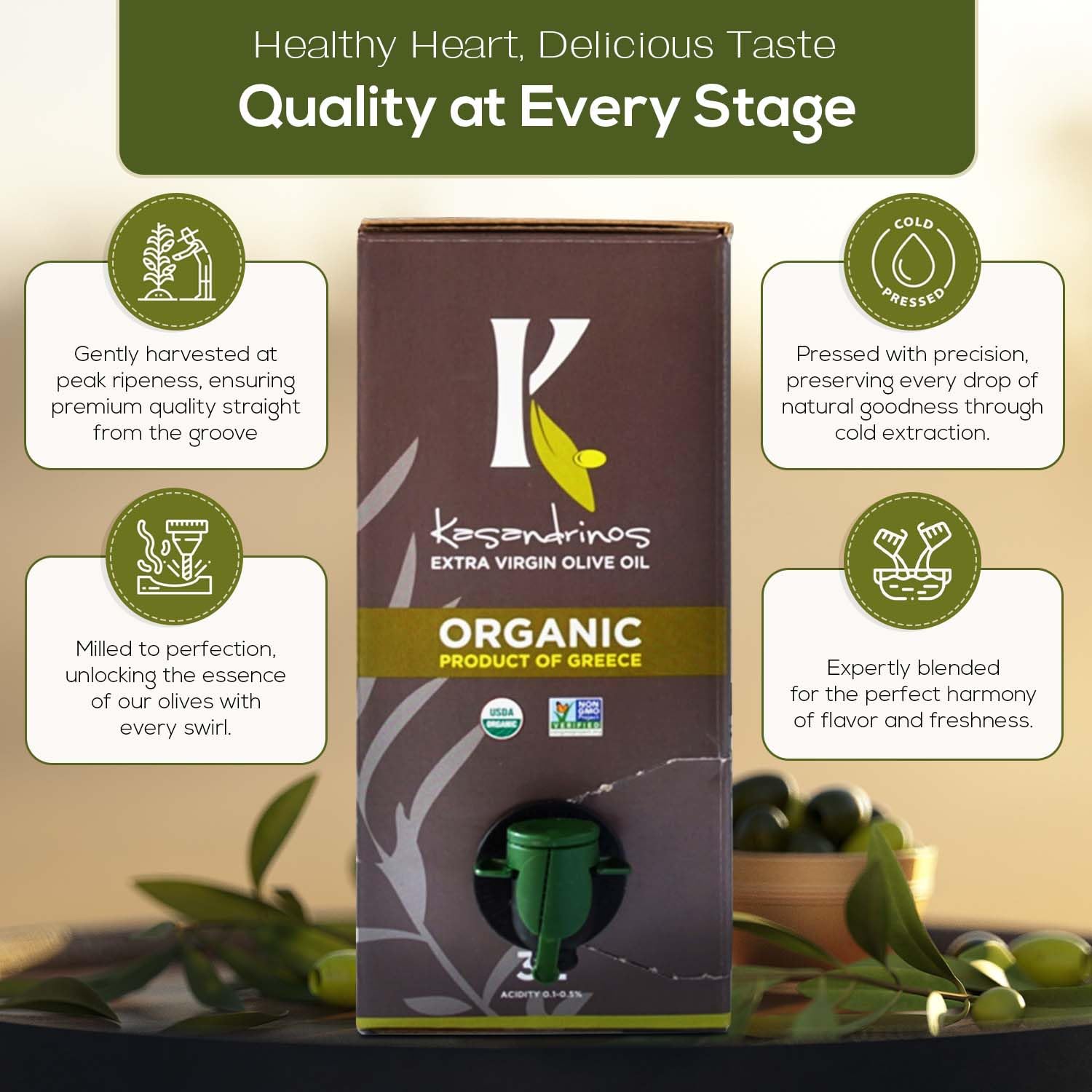Kasandrinos Organic Olive Oil Extra Virgin, Polyphenol Rich Greek Olive Oil, 100% Organic First Cold Pressed, Mild + Delicate Flavor, Verified by Non GMO, 500 ml / 16.9 oz