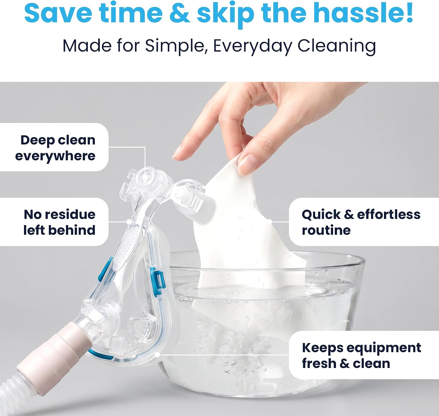 PAPMD CPAP Dissolvable Cleaning Sheets Pro, Light-Moderate Buildup | 30 PCS | Unscented & Dissolvable CPAP cleaning supplies for mask, hose & chamber. Unscented soak & rinse — no scrubbing, no residue.