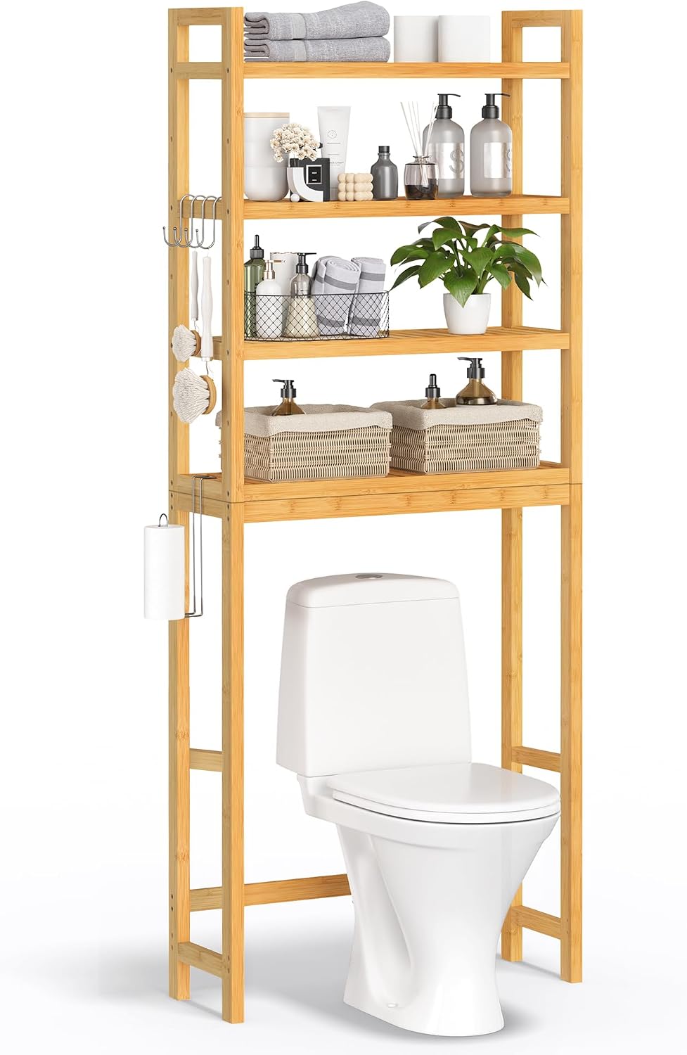 SONGMICS Over The Toilet Storage, 3-Tier Over Toilet Bathroom Organizer with Adjustable Shelf, 10.2 x 24.8 x 66.9 Inches, Space-Saving, Cloud White UBTS01WT