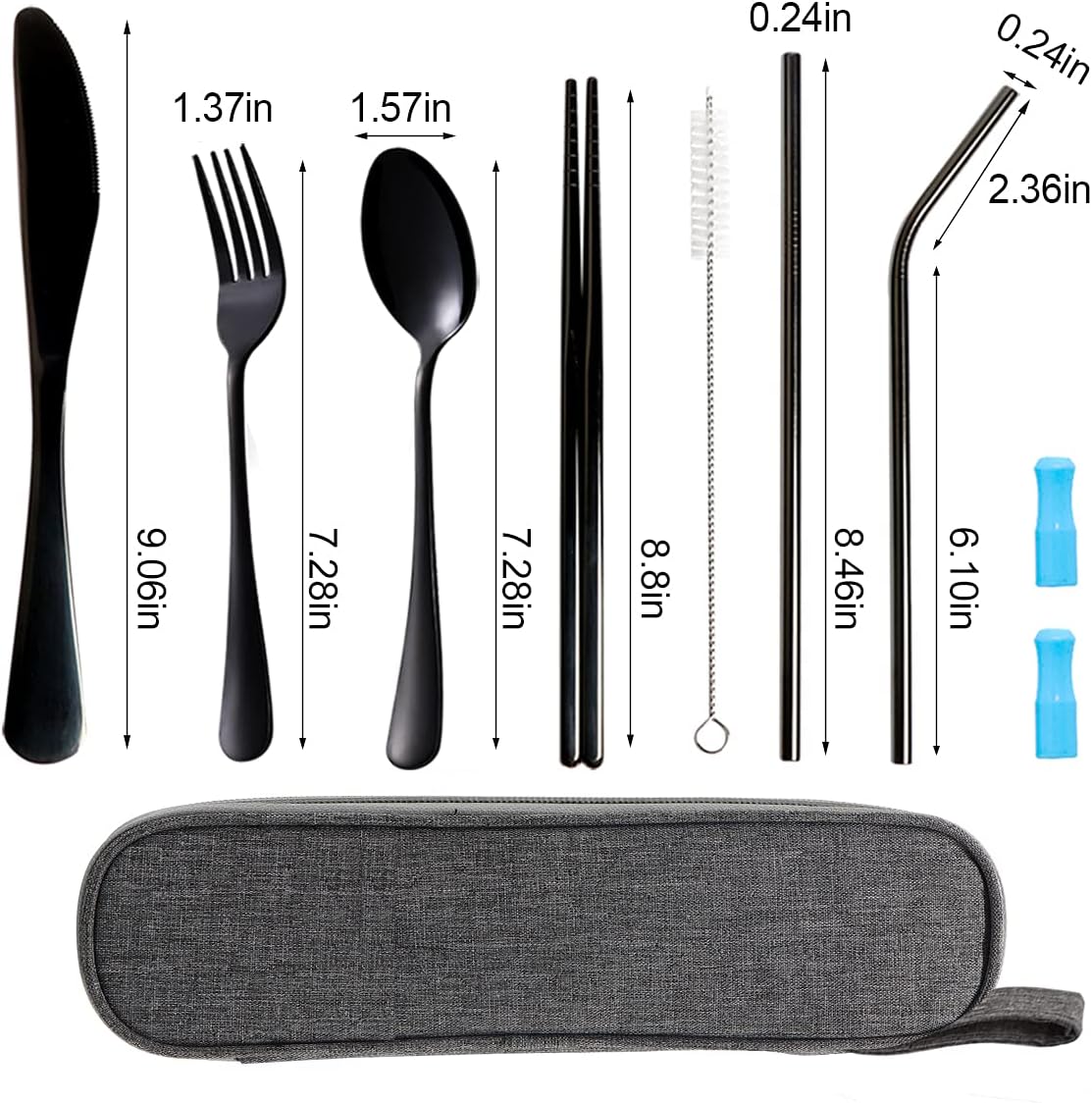 Travel Utensils Set with Case Reusable Portable Cutlery Set Stainless Steel 8pcs Including Dinner Knife Fork Spoon Chopsticks Straws(Rainbow)