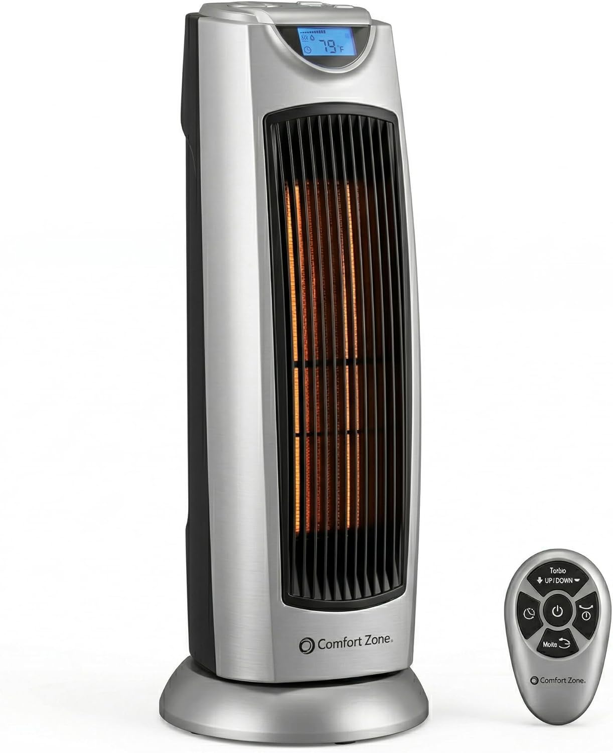 Comfort Zone Electric Oscillating Ceramic Tower Space Heater, Remote, Backlit Digital Thermostat & Temperature Display, Timer, & Overheat Sensor