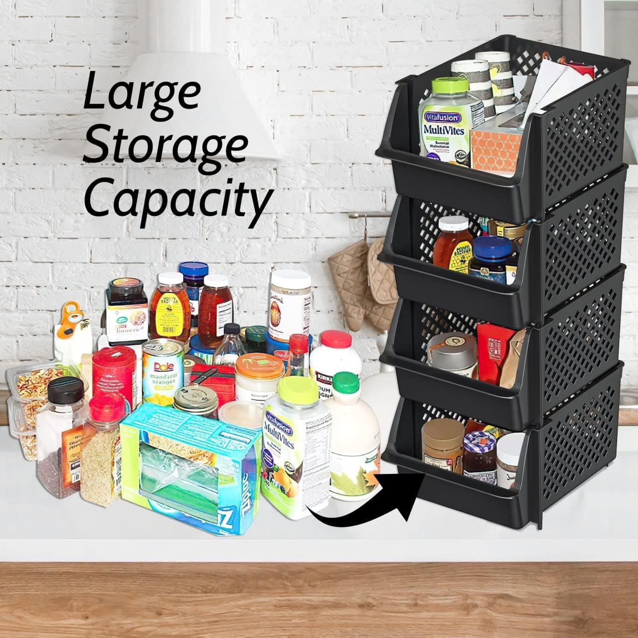 Skywin Stackable Storage Bins Open Front for Pantry Storage, 4 Pack - Black