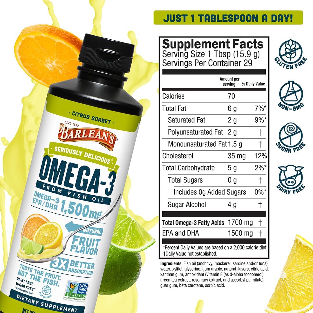 Barlean's Mango Peach Omega-3 Fish Oil, Vitamin D, 1080mg EPA & DHA, 8oz | Wild-caught fish oil plus vitamin D, EPA DHA omega-3, Burpless, Non-GMO, Gluten-free, Heart, brain, bone & immune