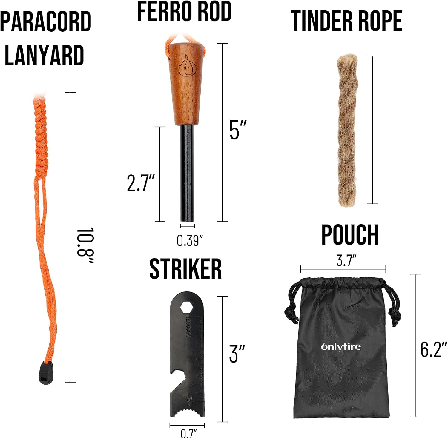 onlyfire Fire Starter Survival Tool, Ferro Rod Kit with Tinder Wick, Pouch, Waterproof Flint and Steel Fire Starter for Camping