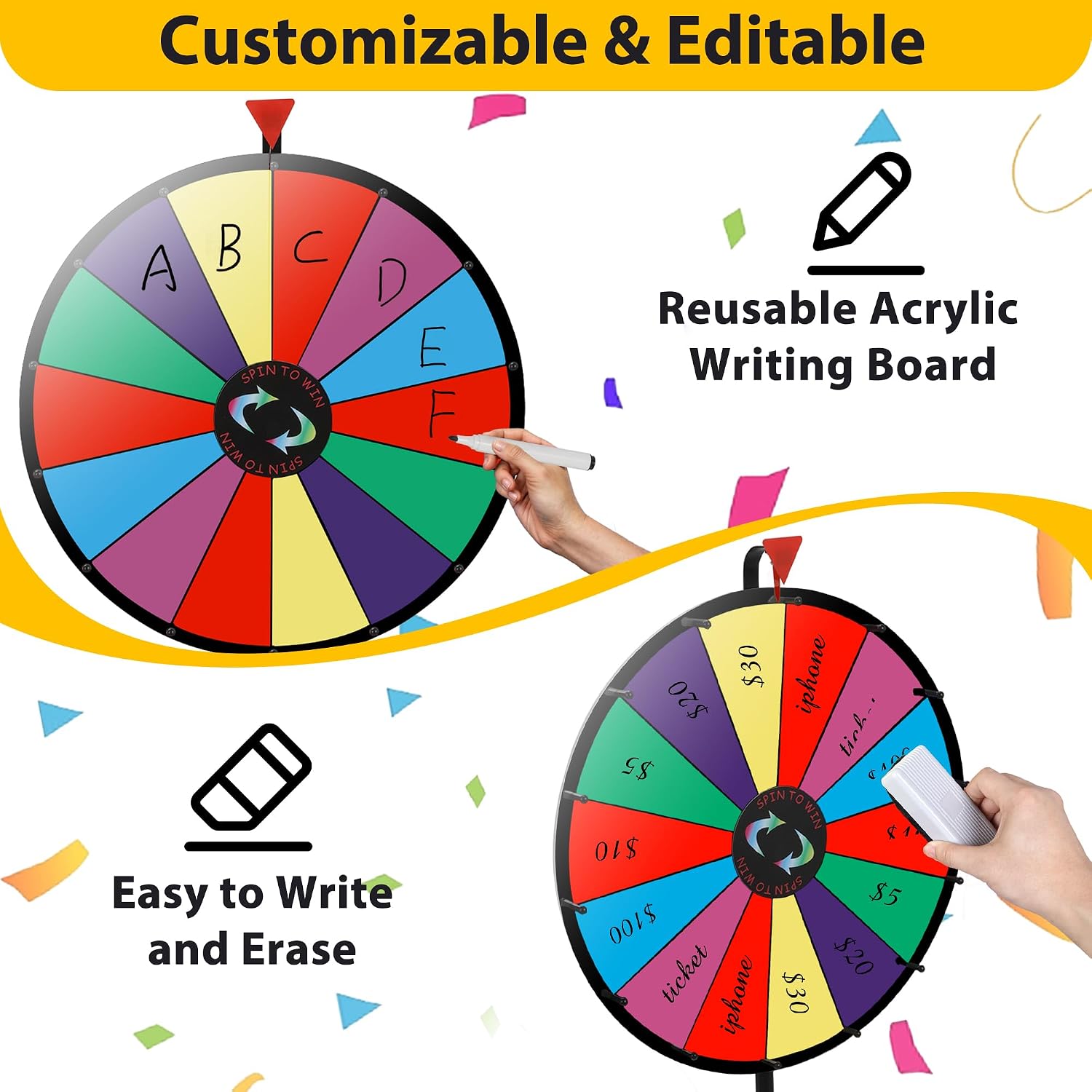 HomGarden 24" Colorful Spinning Prize Wheel | Dual-Use Tabletop/Floor Stand | Dry-Erase Board for Christmas, Carnival, Fundraiser