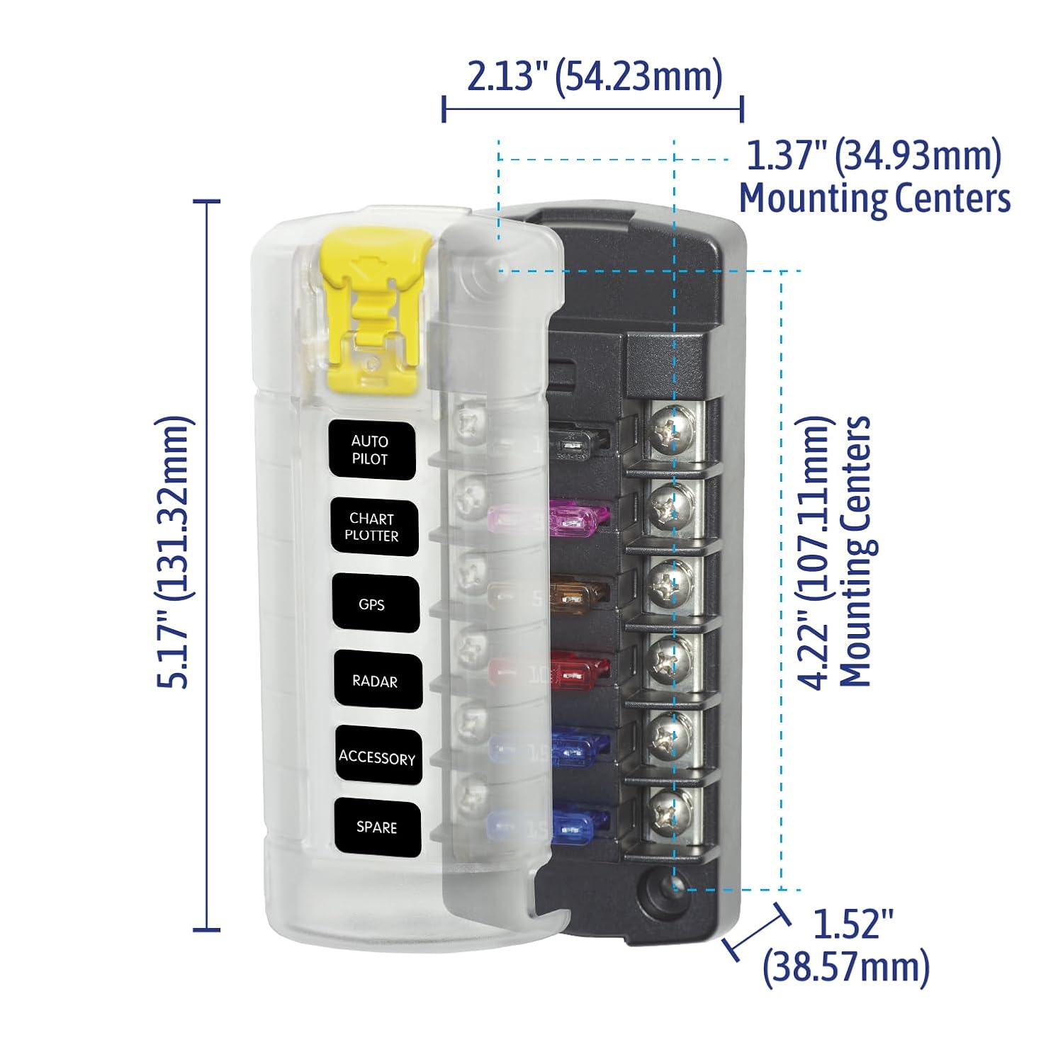 Blue Sea Systems ST Blade Fuse Block 6 Way Circuits with Negative Bus and Cover, 100 Amps, 5025