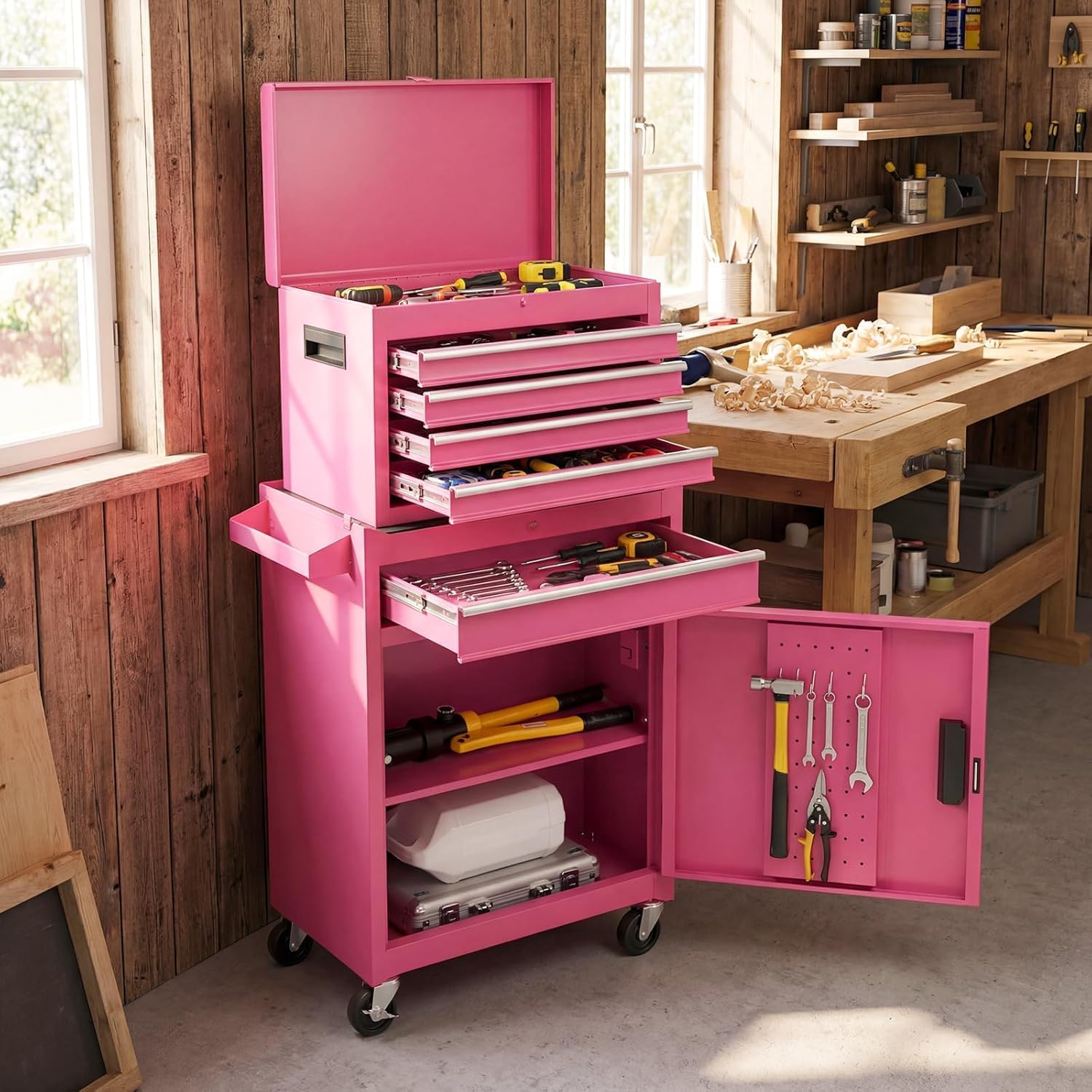 Goplus Rolling Tool Chest, 5-Drawer Tool Box Organizer w/Lockable Wheels & Sliding Drawers & Detachable Top & Adjustable Shelf, Tool Storage Cabinet for Garage Workshop (Red)