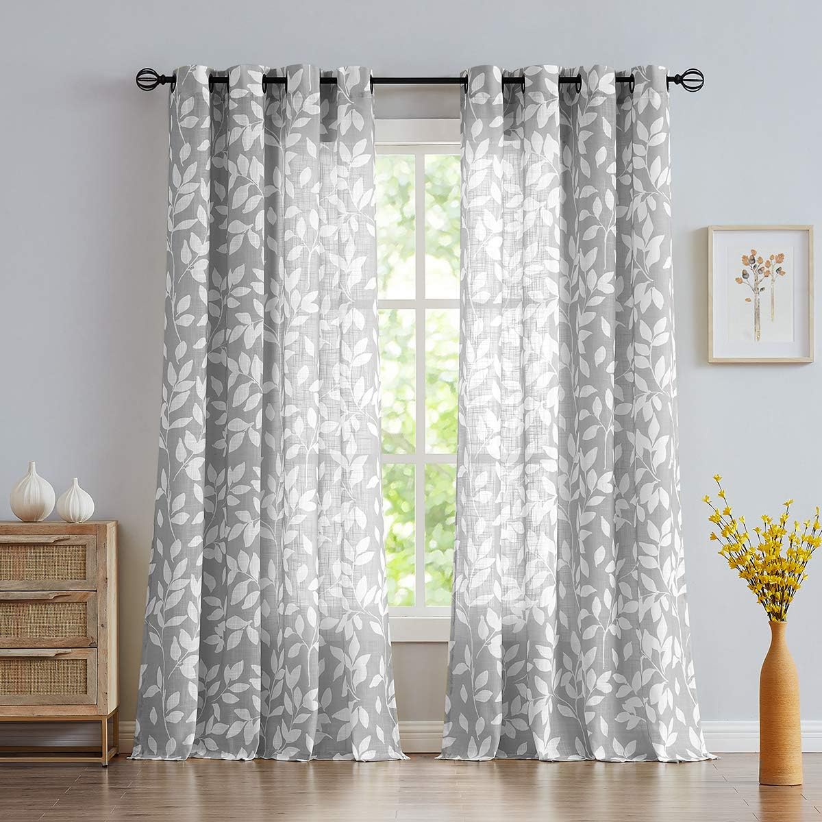 Leaf Semi Sheer Curtains for Bedroom Living Room 52x72" Taupe White Print 2