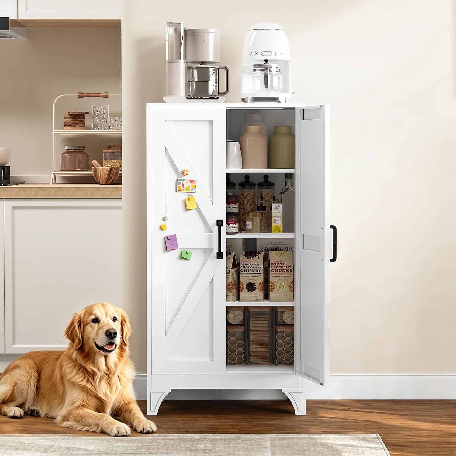Metal Storage Cabinet with 2 Doors and 4 Adjustable Shelves - 61" White Kitchen Pantry Storage 5-Tier Tall Steel Cabinets Locker for Kitchen, Living Room, Dining Room