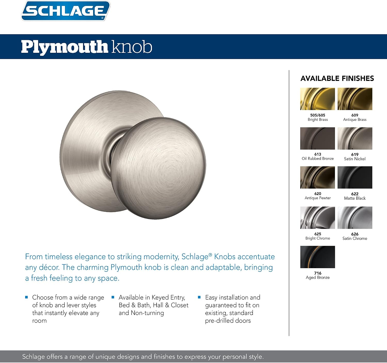Schlage Plymouth Bed/Bath Privacy Door Knob with Lock, Satin Nickel | Interior bedroom or bathroom door knob with push button lock, Easy to install, Certified durability, Universal fit