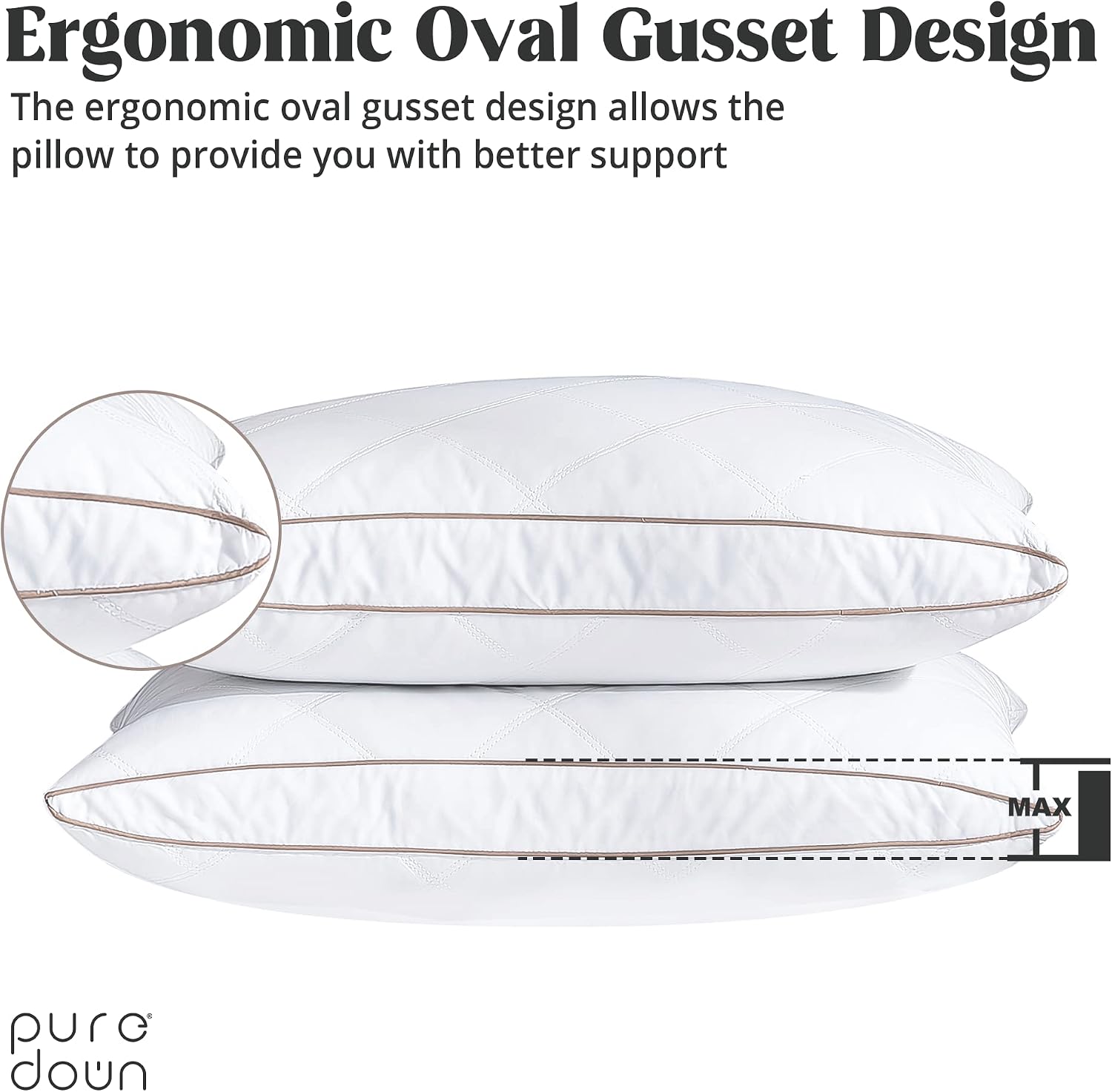 puredown® Goose Feathers and Down Pillow for Sleeping Hotel Collection Bed Pillows, Gusseted, Queen, Set of 2