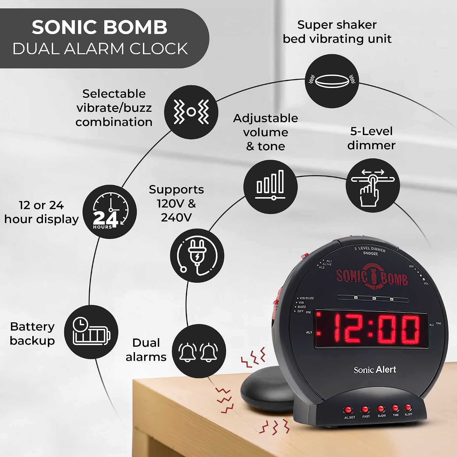 Sonic Bomb Dual Extra Loud Alarm Clock with Bed Shaker, Black | Sonic Alert Vibrating Alarm Clock Heavy Sleepers, Battery Backup | Wake with a Shake