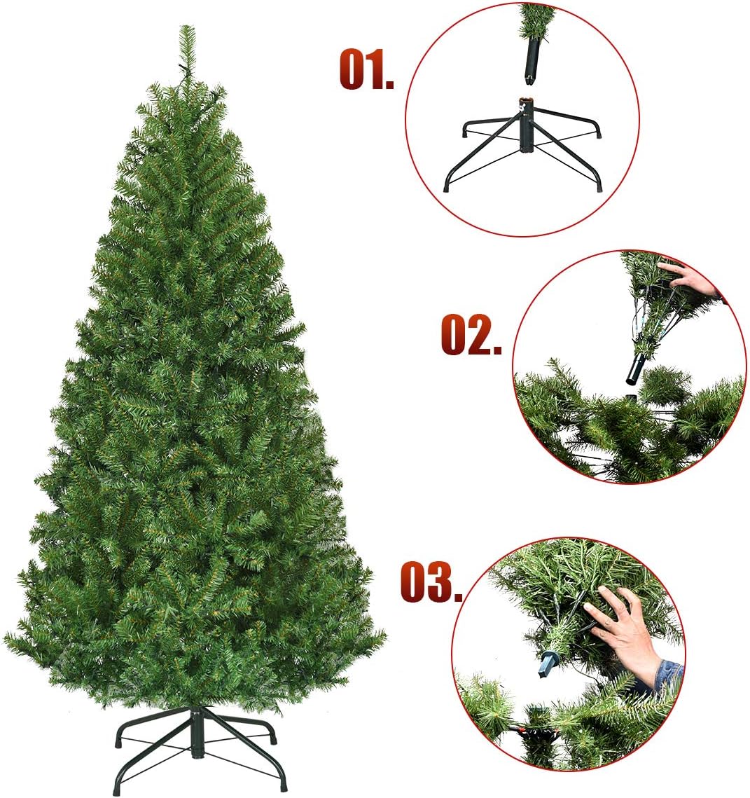 Goplus 7.5ft Pre-Lit Artificial Christmas Tree, Premium PVC Snow Flocked Hinged Pine Tree with Metal Stand and LED Lights