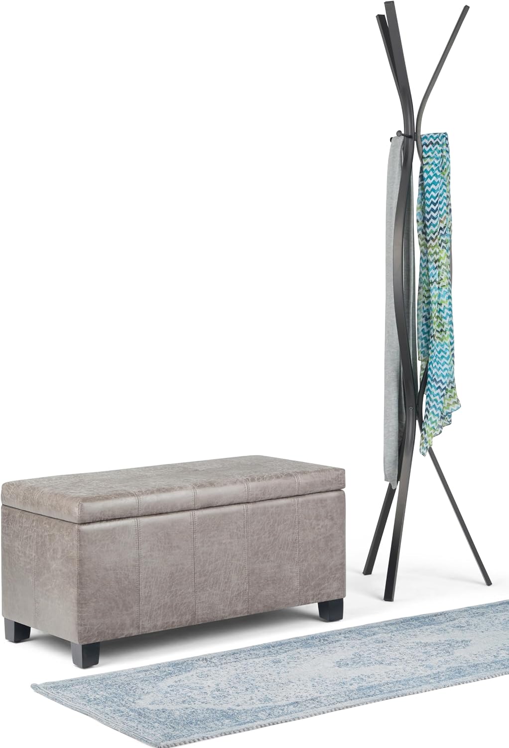 SIMPLIHOME Dover 36" Wide Vegan Leather Storage Ottoman in Midnight Black | Distressed umber brown, contemporary ottoman with lift-top and safety hinges; rectangle storage bench for living room.