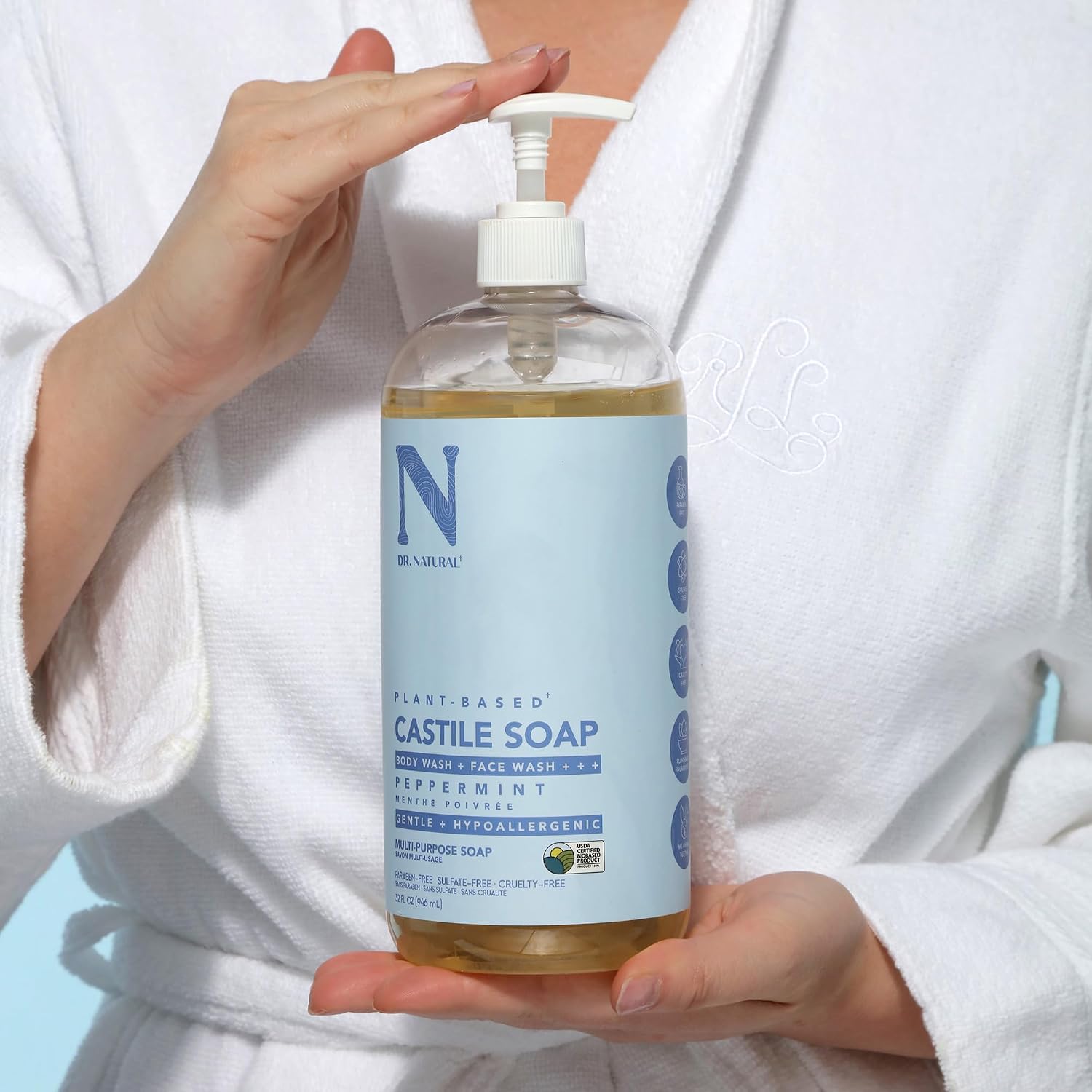 Dr. Natural Castile Liquid Soap - Multi-Use Body Wash, Shampoo and Face Wash - Hydrating Body Soap for Skin, Hair, Pets and Home - Eucalyptus - 32 oz