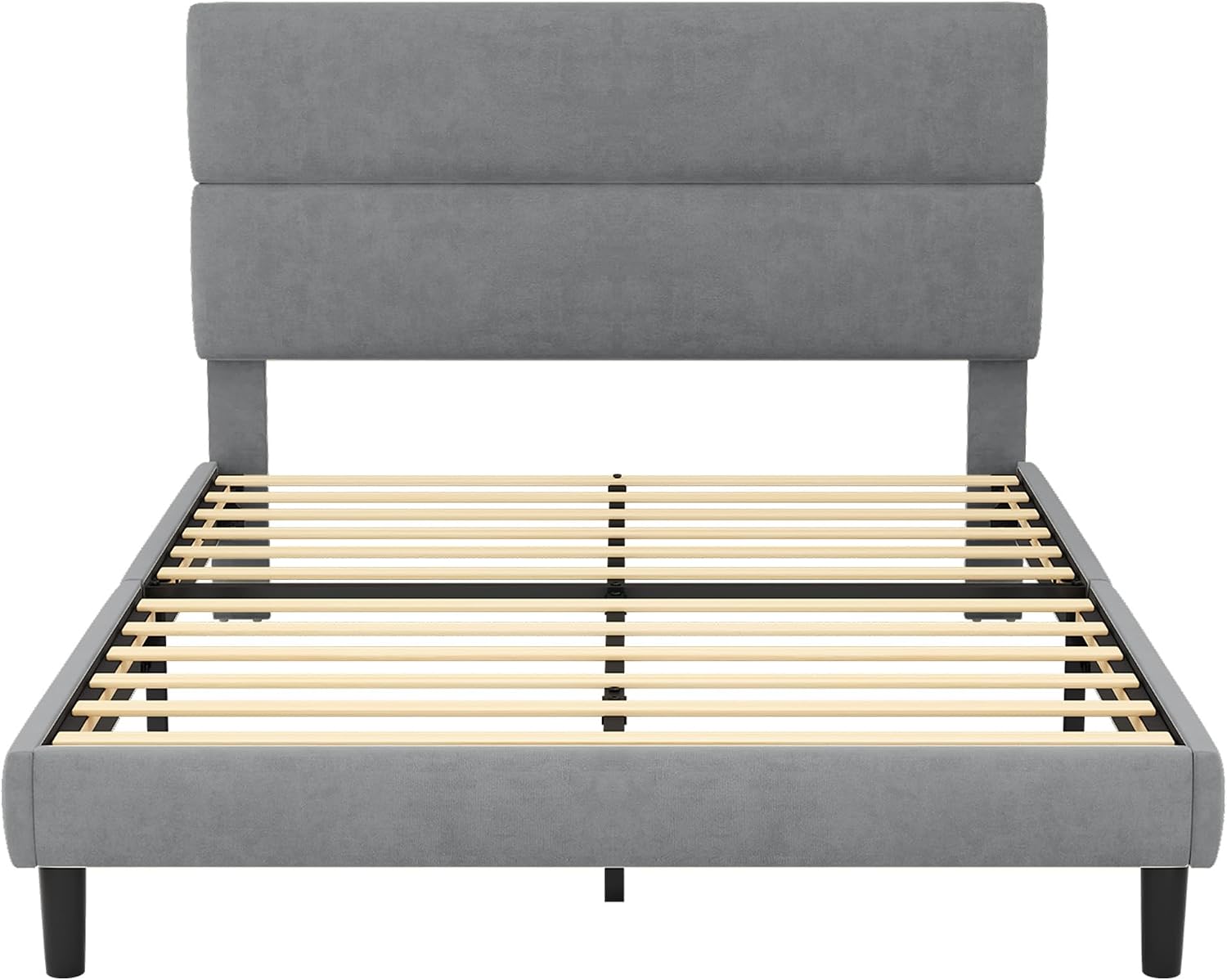 GRUSIGN Queen Size Platform Bed Frame with Velvet Headboard, Adjustable Height Wooden Slats Support, Upholstered Mattress Foundation, Fits Mattress or Mattress with Box Spring, Easy Assembly, Beige