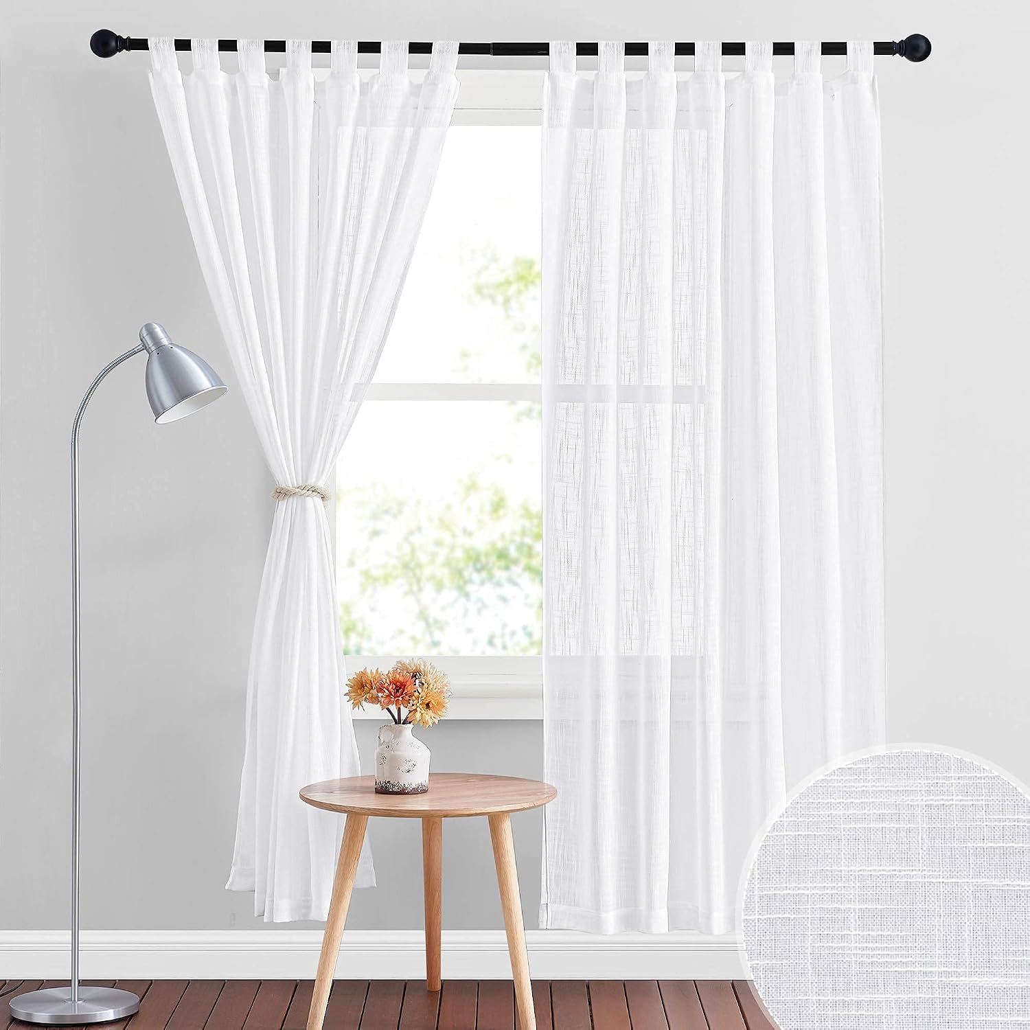 RYB HOME Linen Sheer Curtains - Linen Textured Semi Sheer Curtains for Kids Nursery Bedroom Living Room Window
