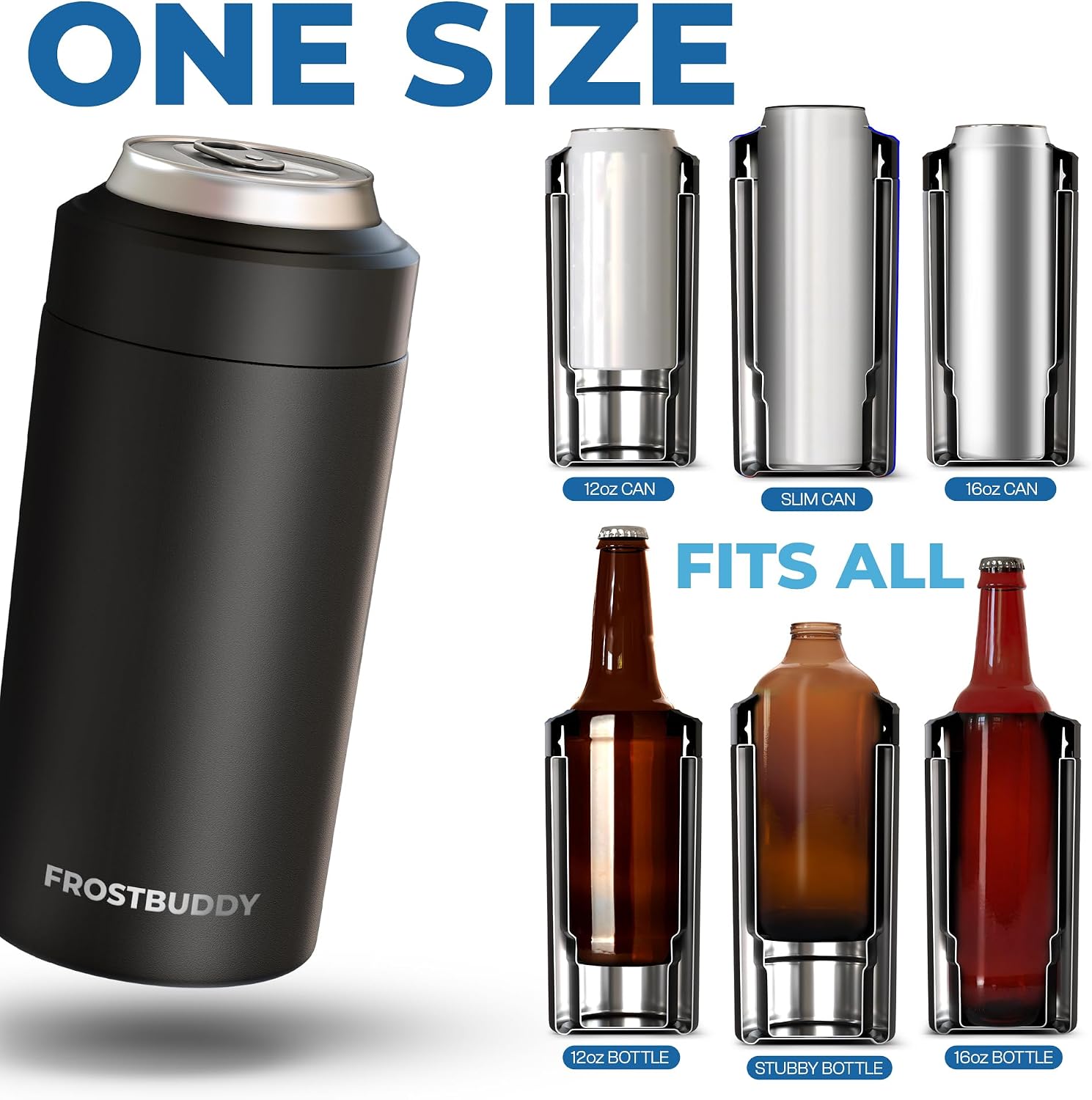 Frost Buddy Universal Can Cooler - Fits Slim Cans, 12 & 16oz (MatteBlack)