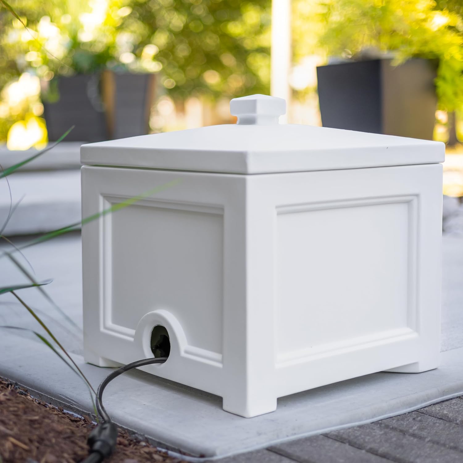 Mayne Fairfield Garden Hose Bin - Black - 17in L x 17in W x 18in H - Holds up to 100 ft. of standard garden hose (5858-B) | Concealed storage, Holds 100ft hose, Fade resistant, All-season, 15-year warranty