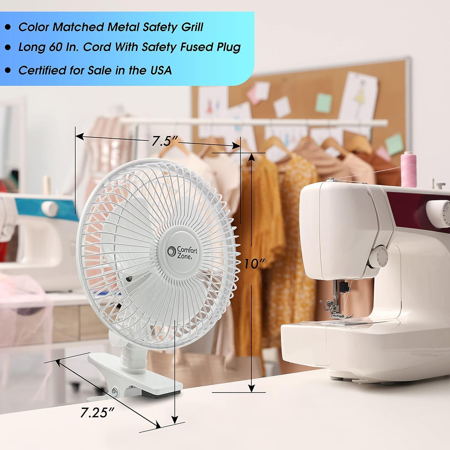 Comfort Zone Portable Clip on Fan with Fully Adjustable Tilt, Electric, 6 inch, Quiet, Indoor, 2 Speed, Mini Desk Fan, Table Fan, Airflow 6.53 ft/sec, Ideal for Home, Bedroom, Dorm & Office, CZ6C
