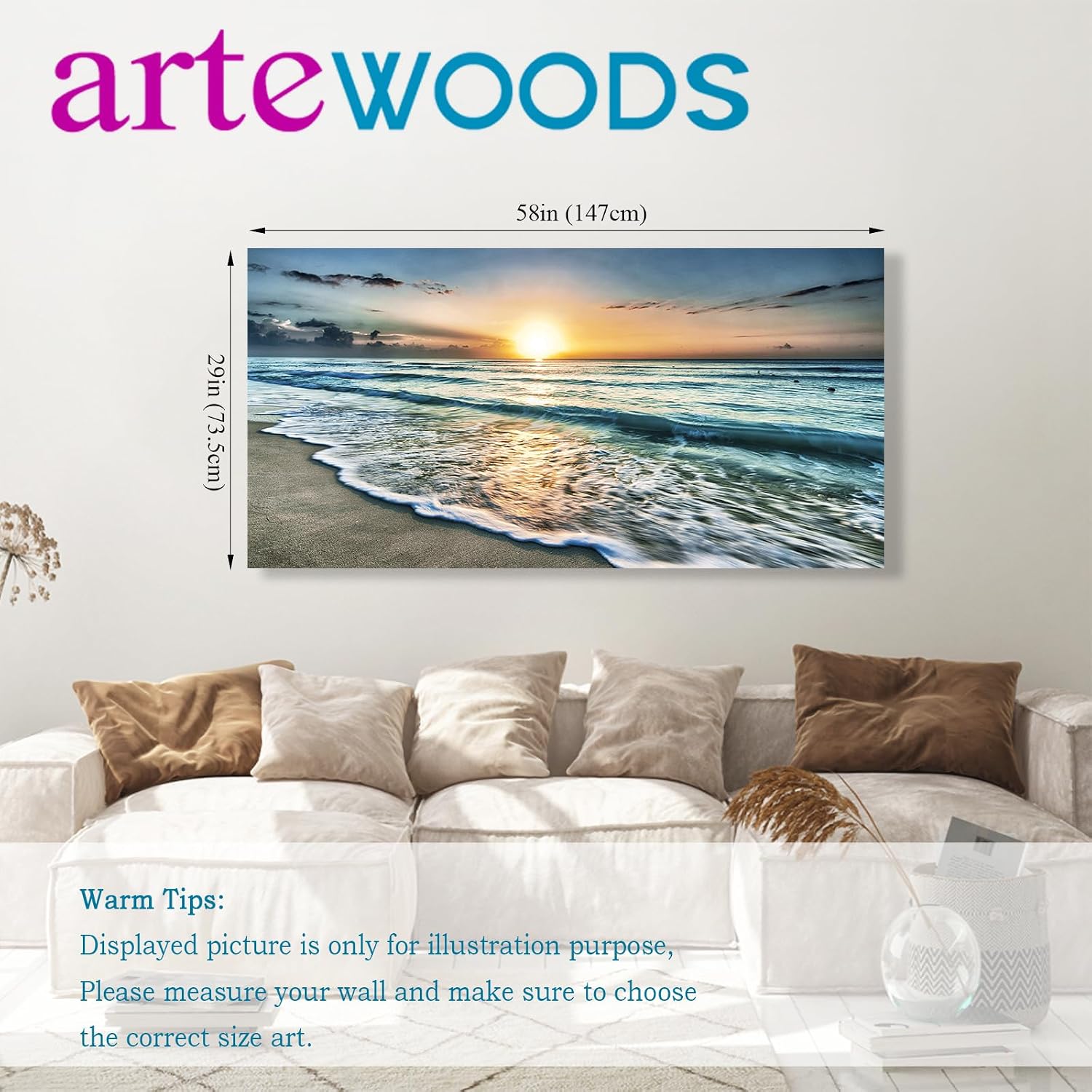 arteWOODS Ocean Wave Canvas Wall Art Beach Sunset Pictures Coastal Nature Artwork Blue Sea Painting Prints for Living Room Bedroom Home Office Decoration 20" x 40"