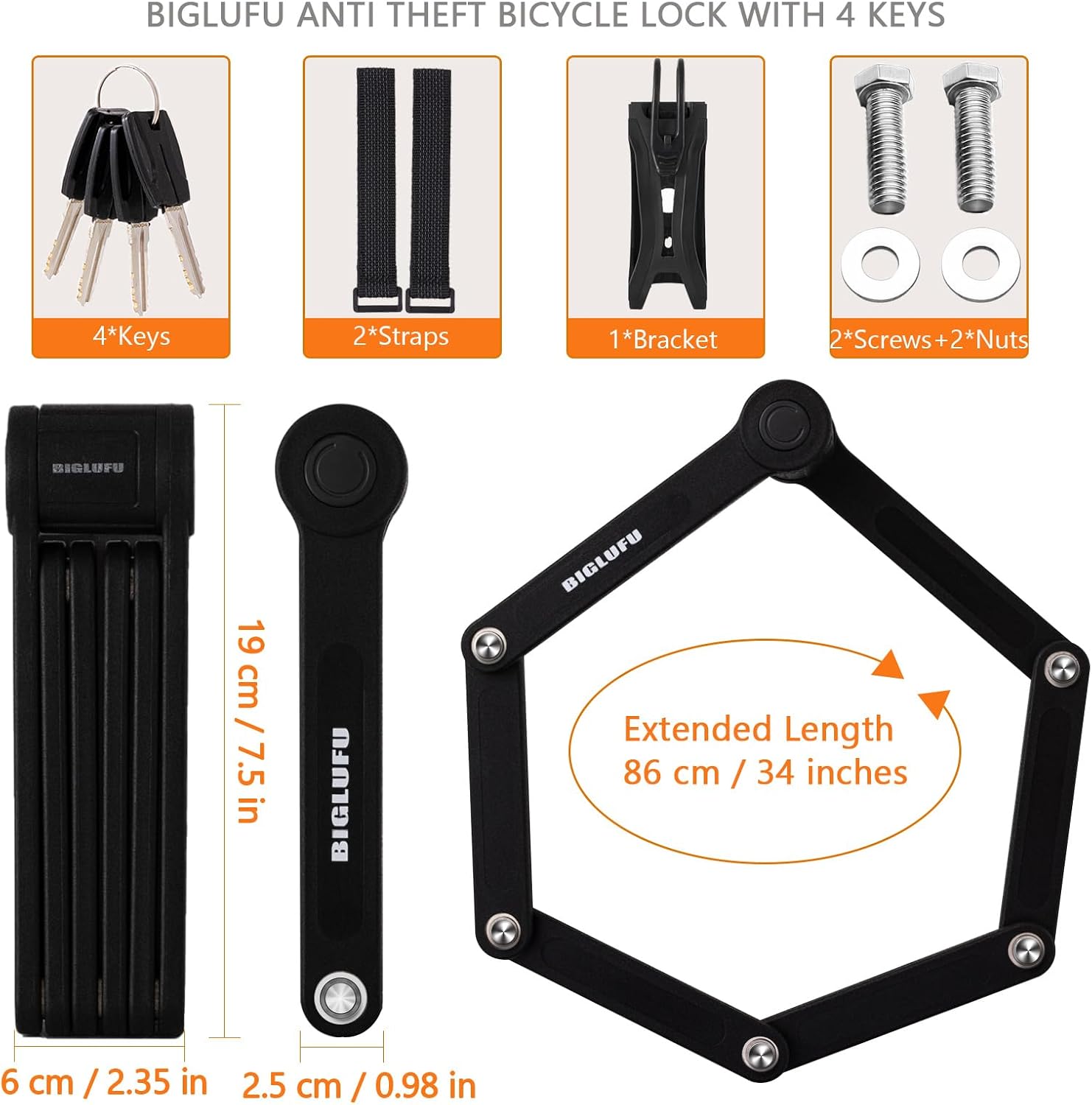 Bike Lock Bicycle Scooter Motorcycle Folding Locks with 4Keys, Fold Chain Heavy Duty Alloy Steel Foldable Lock with Mounting Bracket 2pc Straps