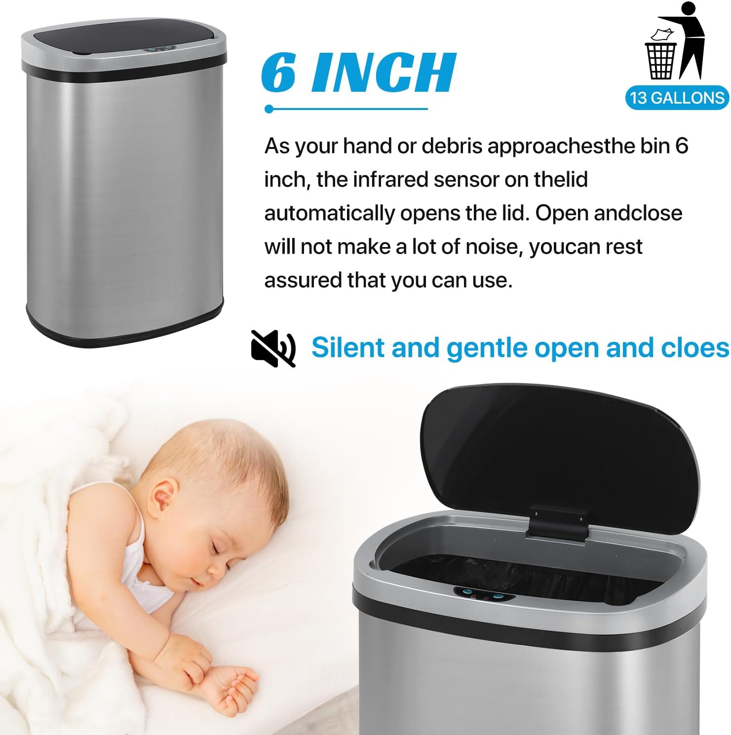 Kitchen Trash Can | Stainless Steel 13 Gallon Trash Can | 50L Touch Free Garbage Can with Lid | Electronic Sensor High Capacity Trash Bin for