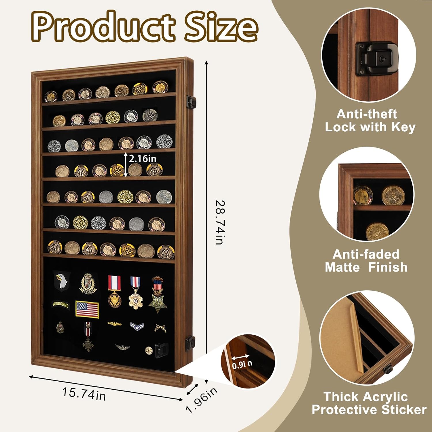 Jinchuan Military Challenge Coin Display Case Lockable Cabinet Rack Holder Shadow Box with Removable 2 Grooves Shelves and Anti Dust Door for Casino