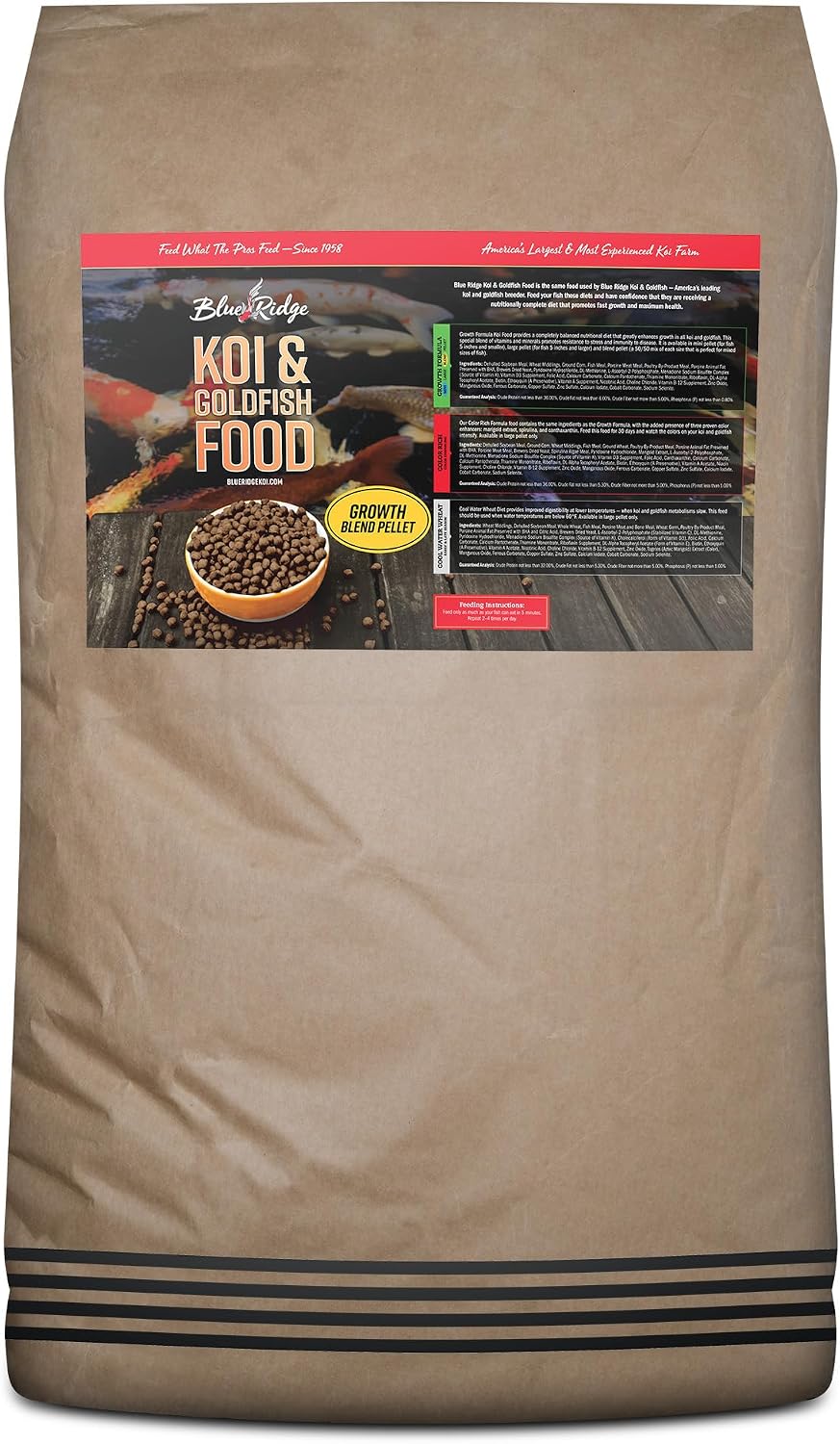 Blue Ridge Koi Fish Food 2lb - Koi Food 3/16” Large and Mini Blend Growth Formula, Goldfish Food, Premium Fish Food for Ponds, Ponds Fish Food, Floating Pond Pellets