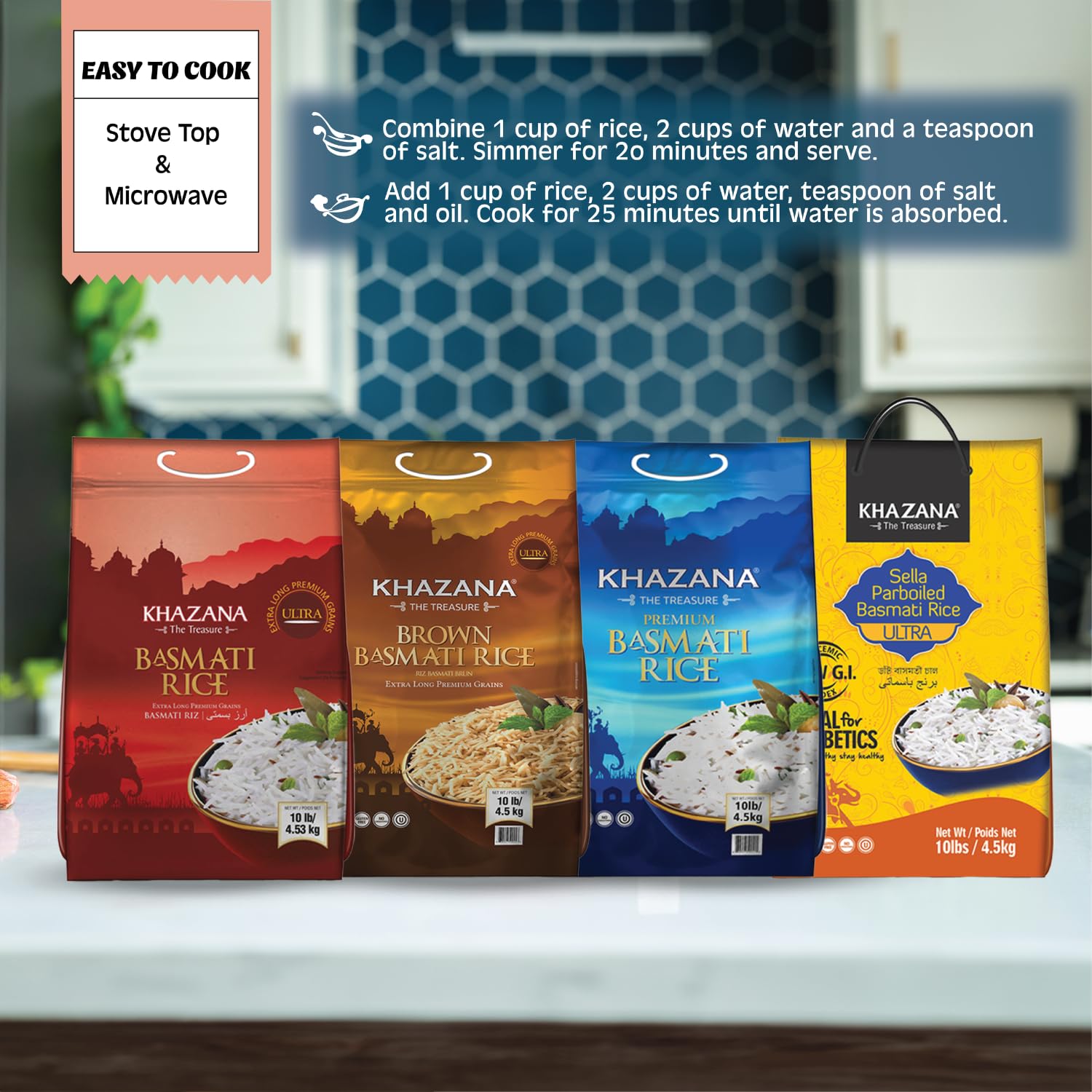 Authentic Extra Long Basmati Rice by Khazana in 10 lb Bag - Aromatic and Flavorful Indian Grain - Non-GMO, Gluten Free, Kosher, Cholesterol Free