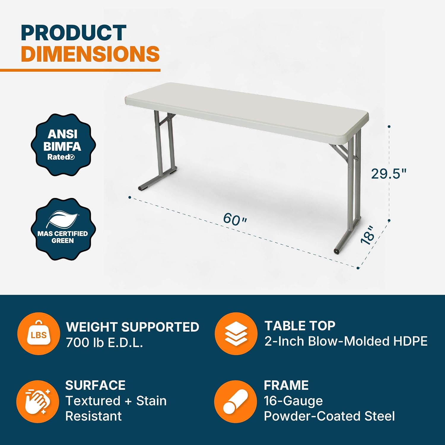 OEF Furnishings OEFBT-SEM1860 Commercial-Grade Premium Industrial Seminar Folding Table with Thick Blow-Molded Top and 16-Gauge Cantilever Steel