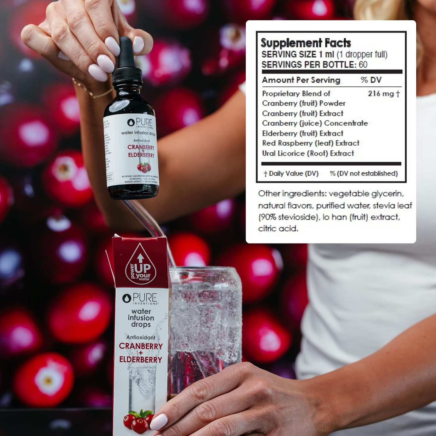 Pure Inventions Water Enhancer Drops - Refreshing and Delicious - Antioxidants, Electrolytes - No Sugar, Calories, or Artificial Sweeteners - Cranberry and Elderberry (60 Servings)