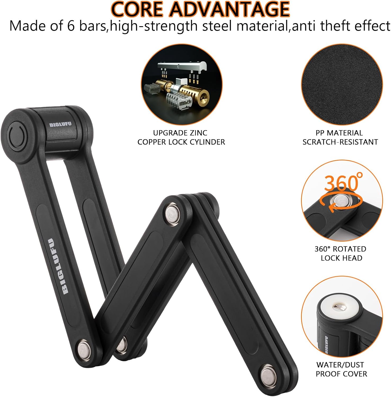 Bike Lock Bicycle Scooter Motorcycle Folding Locks with 4Keys, Fold Chain Heavy Duty Alloy Steel Foldable Lock with Mounting Bracket 2pc Straps
