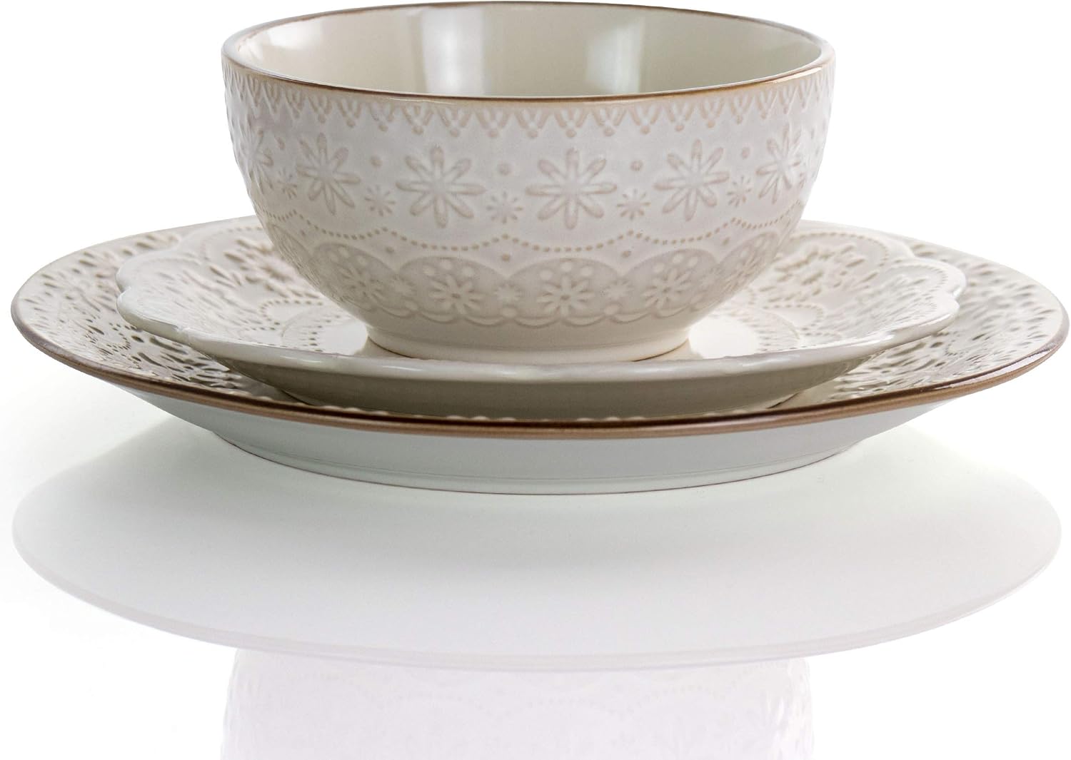 Elama Embossed Scalloped Stoneware Dinnerware Dish Set, 16 Piece, Ivory