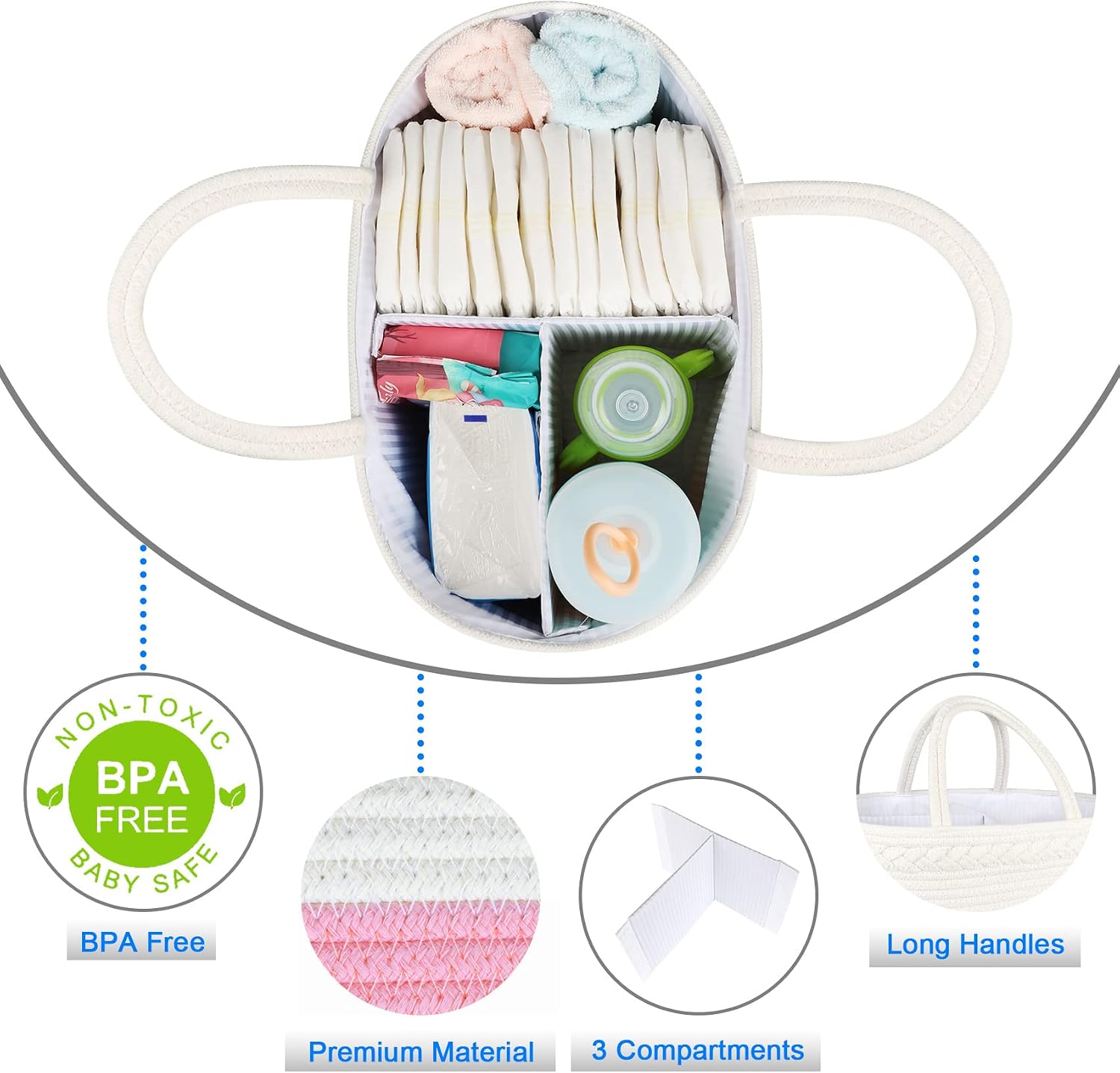 ABenkle Baby Diaper Caddy, Nursery Storage Bin and Car Organizer for Diapers and Baby Wipes, Cotton Rope Diaper Basket Caddy
