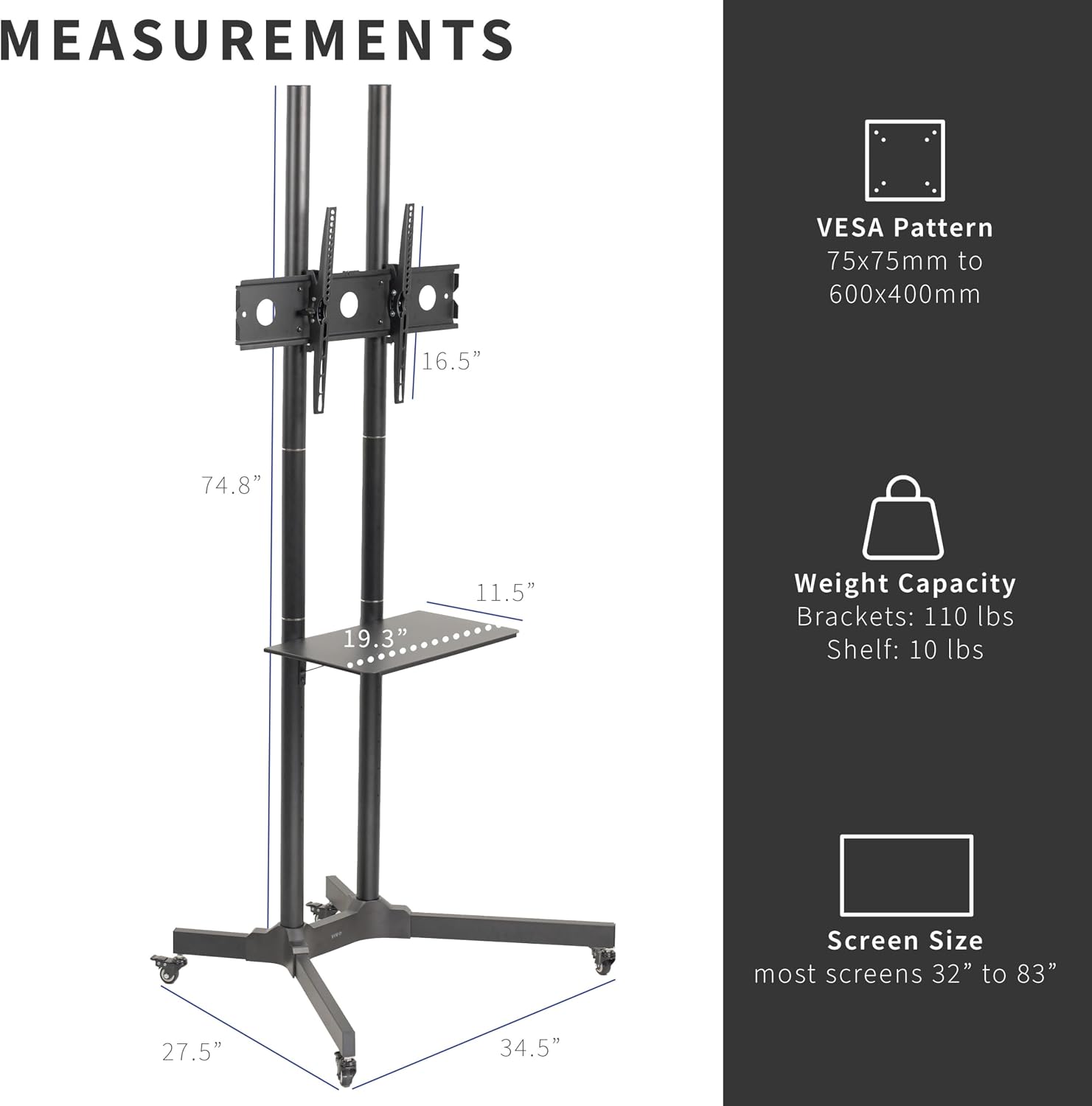 VIVO Mobile TV Cart for 32 to 83 inch Screens up to 110 lbs, LCD LED OLED 4K Smart Flat and Curved Panels, Rolling Stand with Laptop DVD Shelf, Locking Wheels, Max VESA 600x400, Black, STAND-TV03E