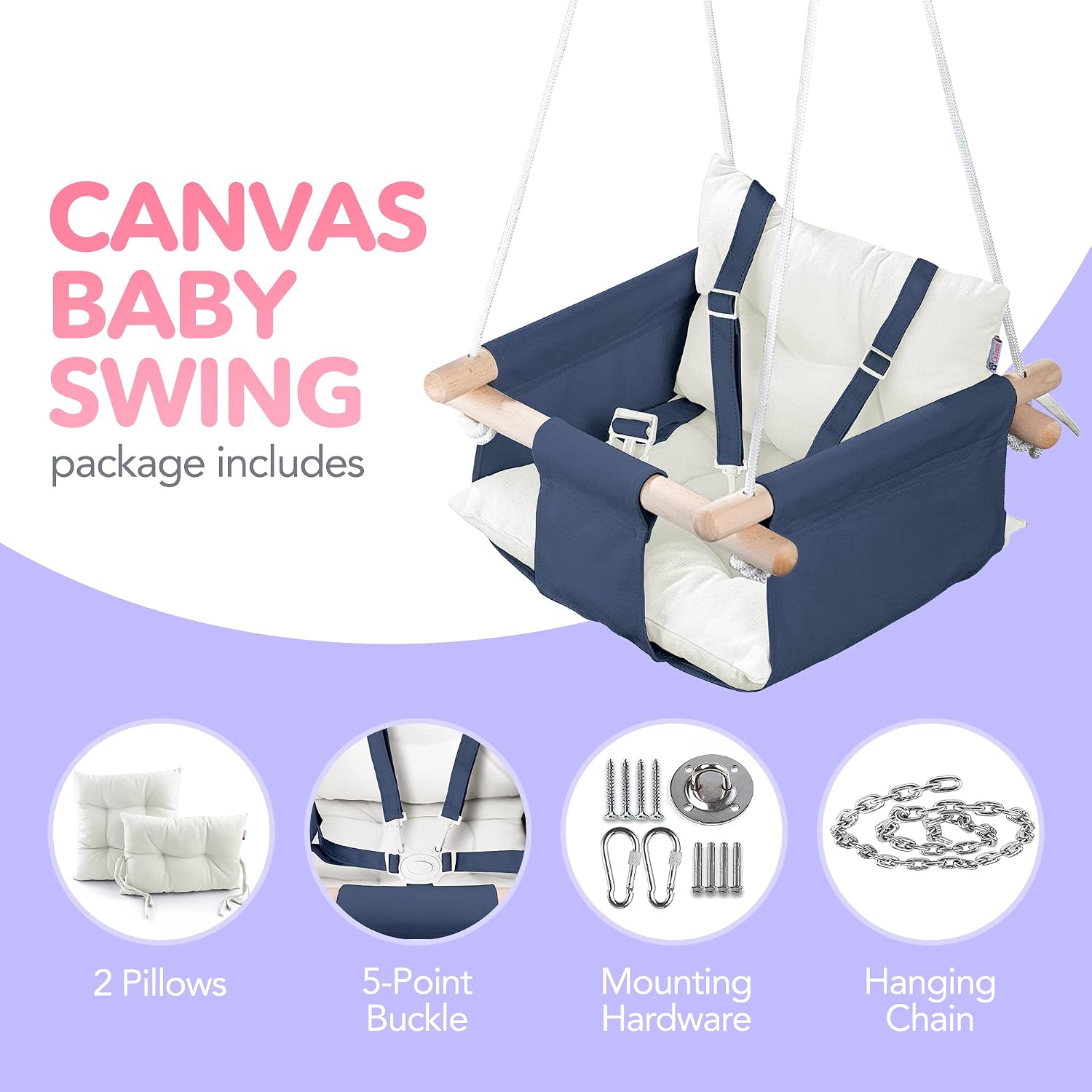 CaTeam Canvas Baby Swing Seat with 5-Point Safety Belt — Wooden Hanging Toddler Swing, Indoor & Outdoor, Ages 1-4, Ceiling Mount Hardware Included